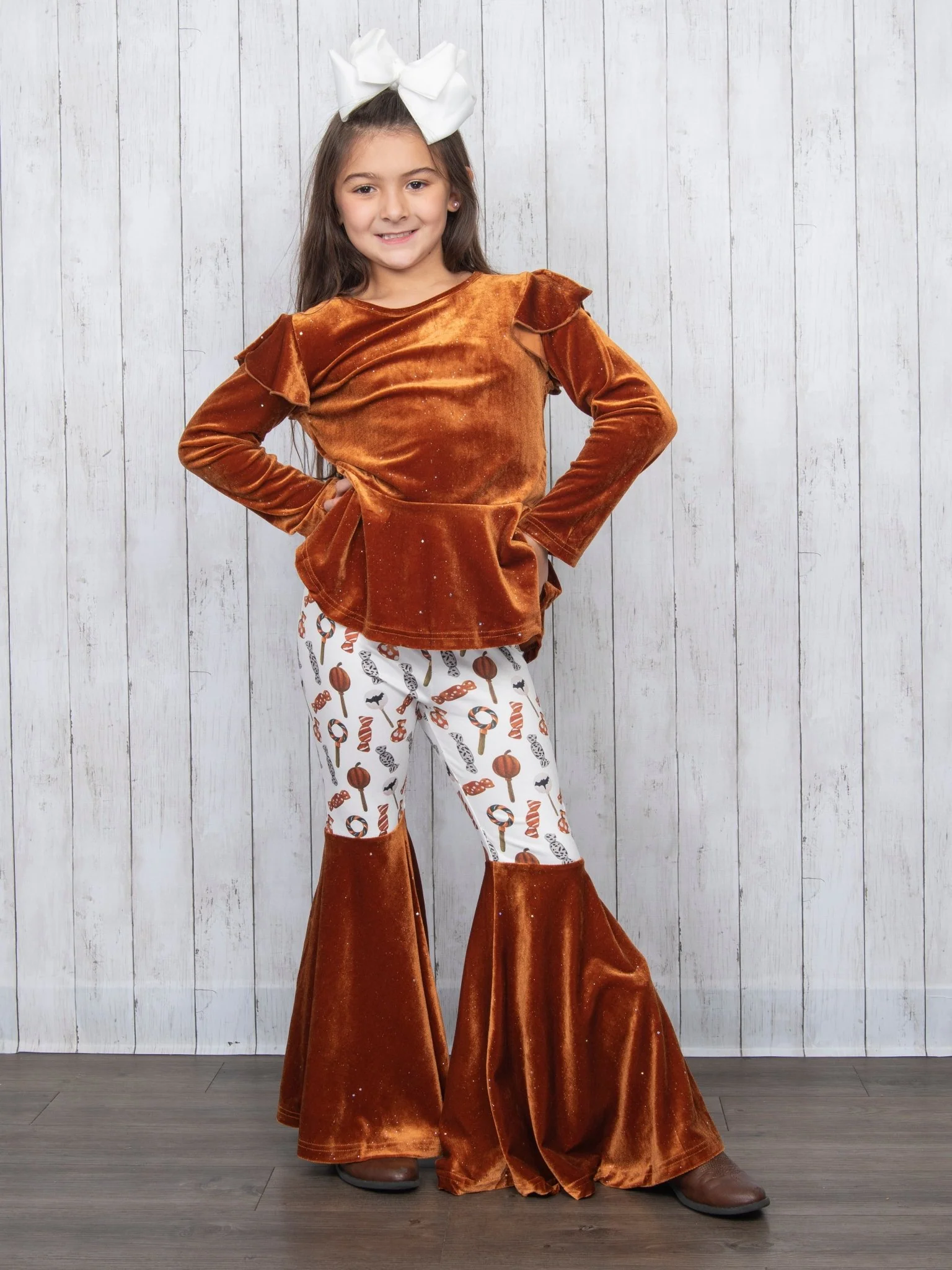 Brown Velvet Top & Orange Candies Bell Bottoms Outfit - Image 4