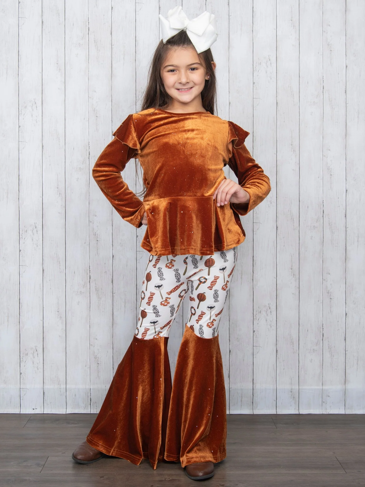 Brown Velvet Top & Orange Candies Bell Bottoms Outfit - Image 5