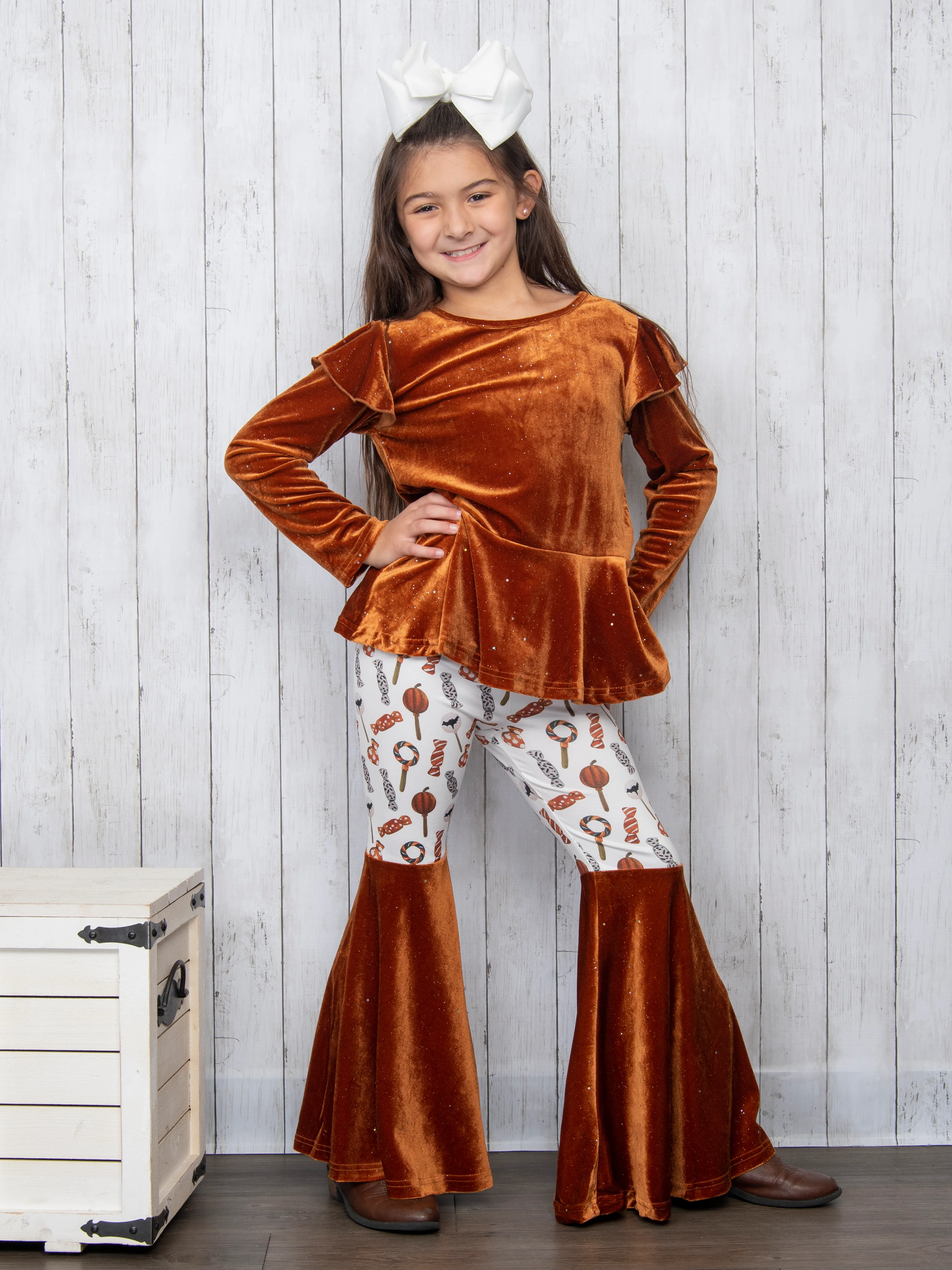 Brown Velvet Top & Orange Candies Bell Bottoms Outfit - Image 7