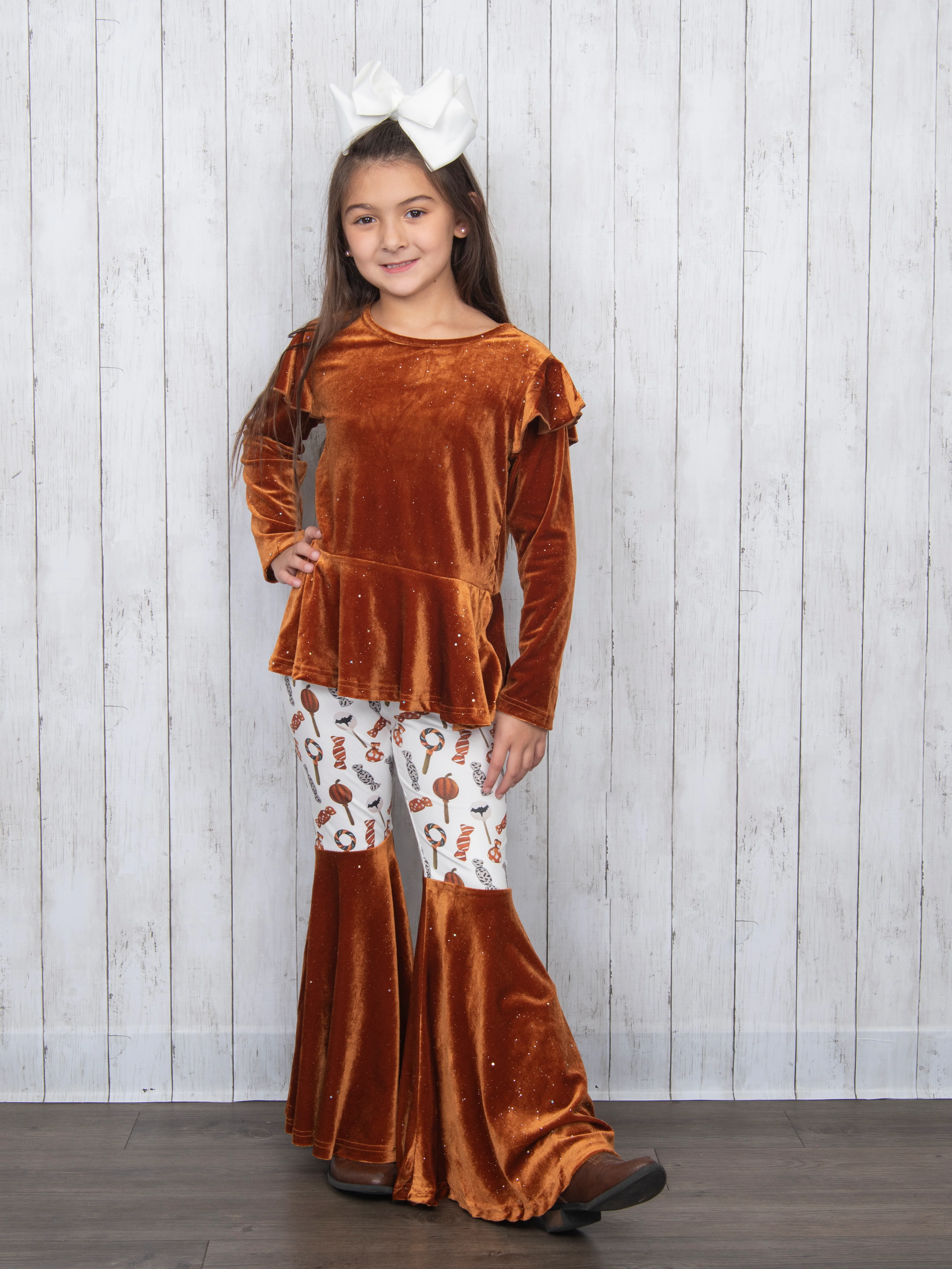 Brown Velvet Top & Orange Candies Bell Bottoms Outfit - Image 8