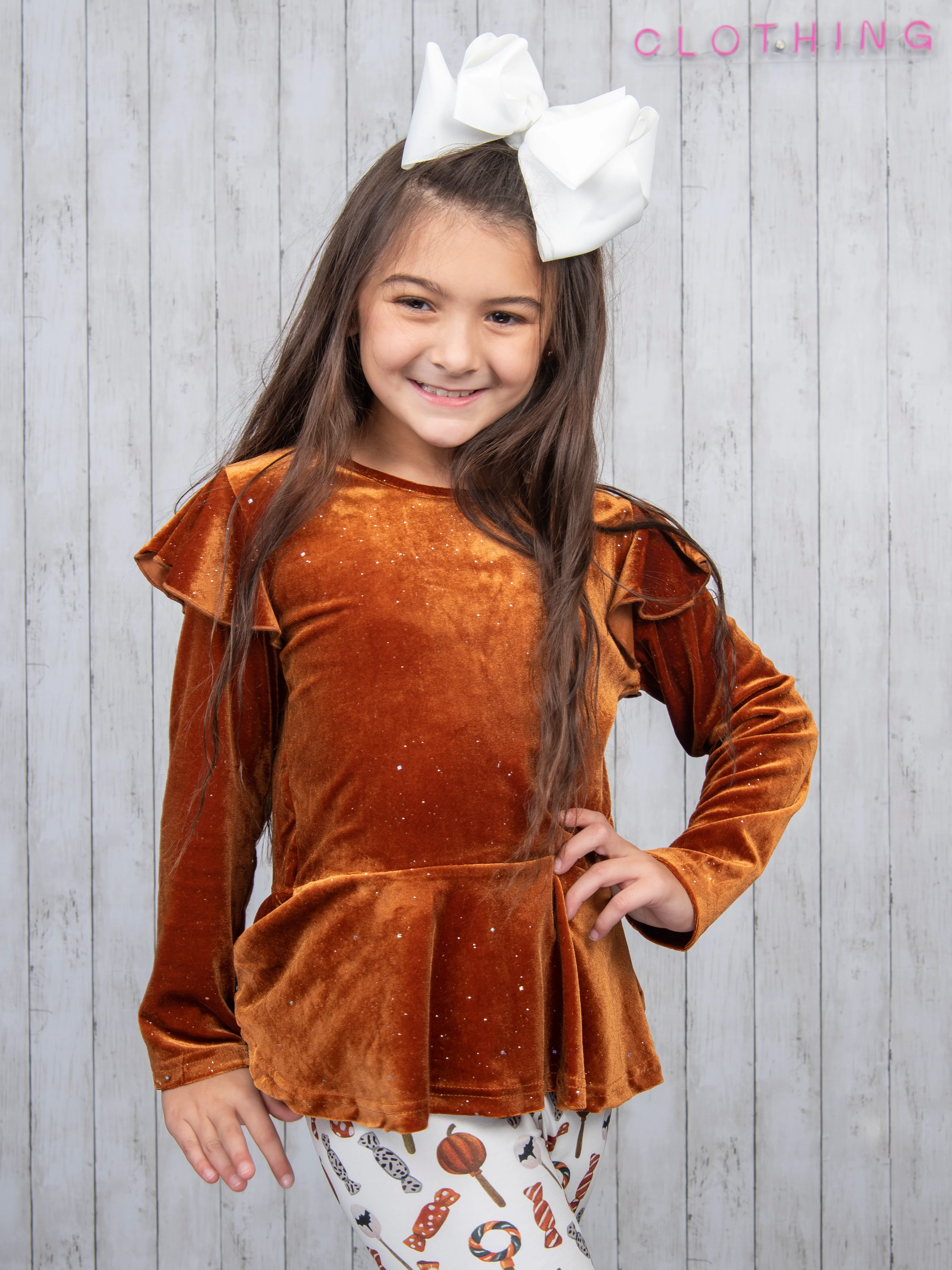 Brown Velvet Top & Orange Candies Bell Bottoms Outfit - Image 9