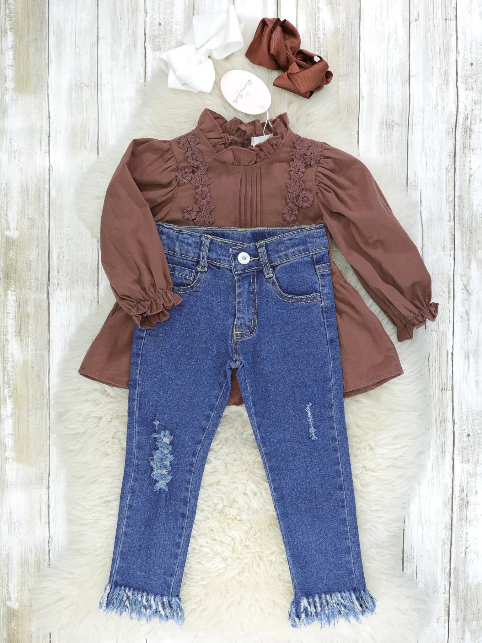 Brown Vintage Mock Neck Top & Distressed Denim Outfit - Image 2