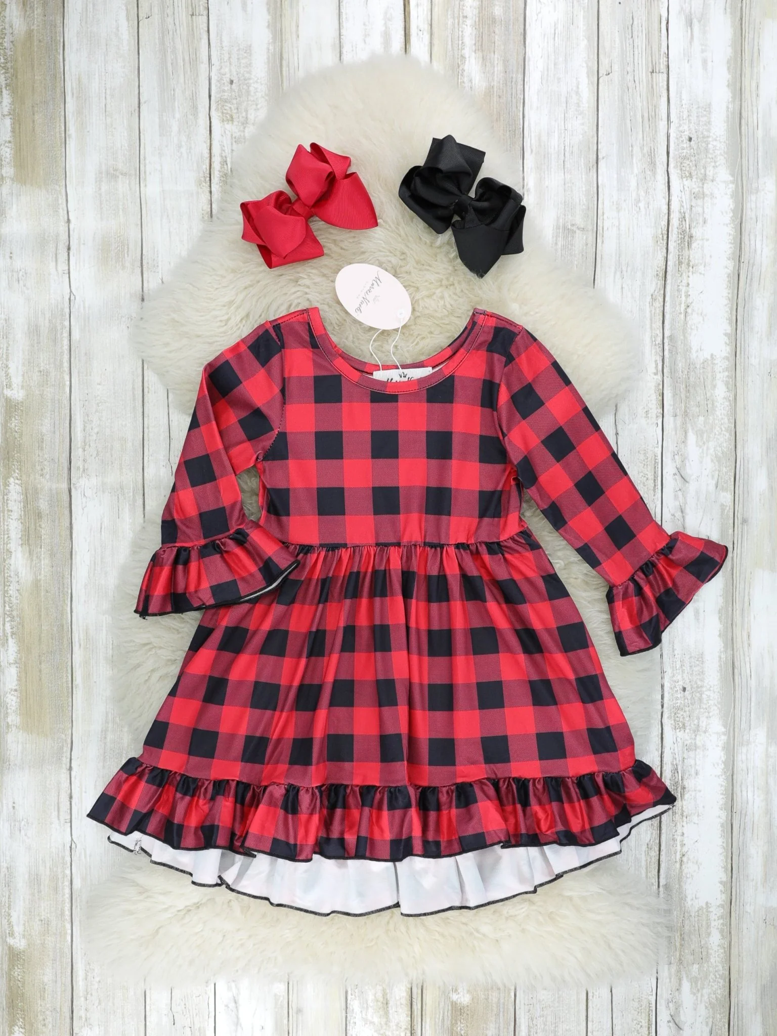 Buffalo Plaid Bell Sleeve Ruffle Dress W/ Leopard Vest - Image 2