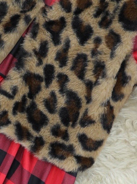 Buffalo Plaid Bell Sleeve Ruffle Dress W/ Leopard Vest - Image 4
