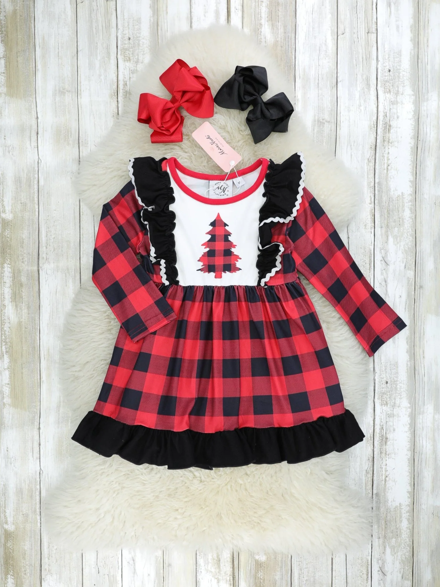 Buffalo Plaid Christmas Tree Ruffle Dress