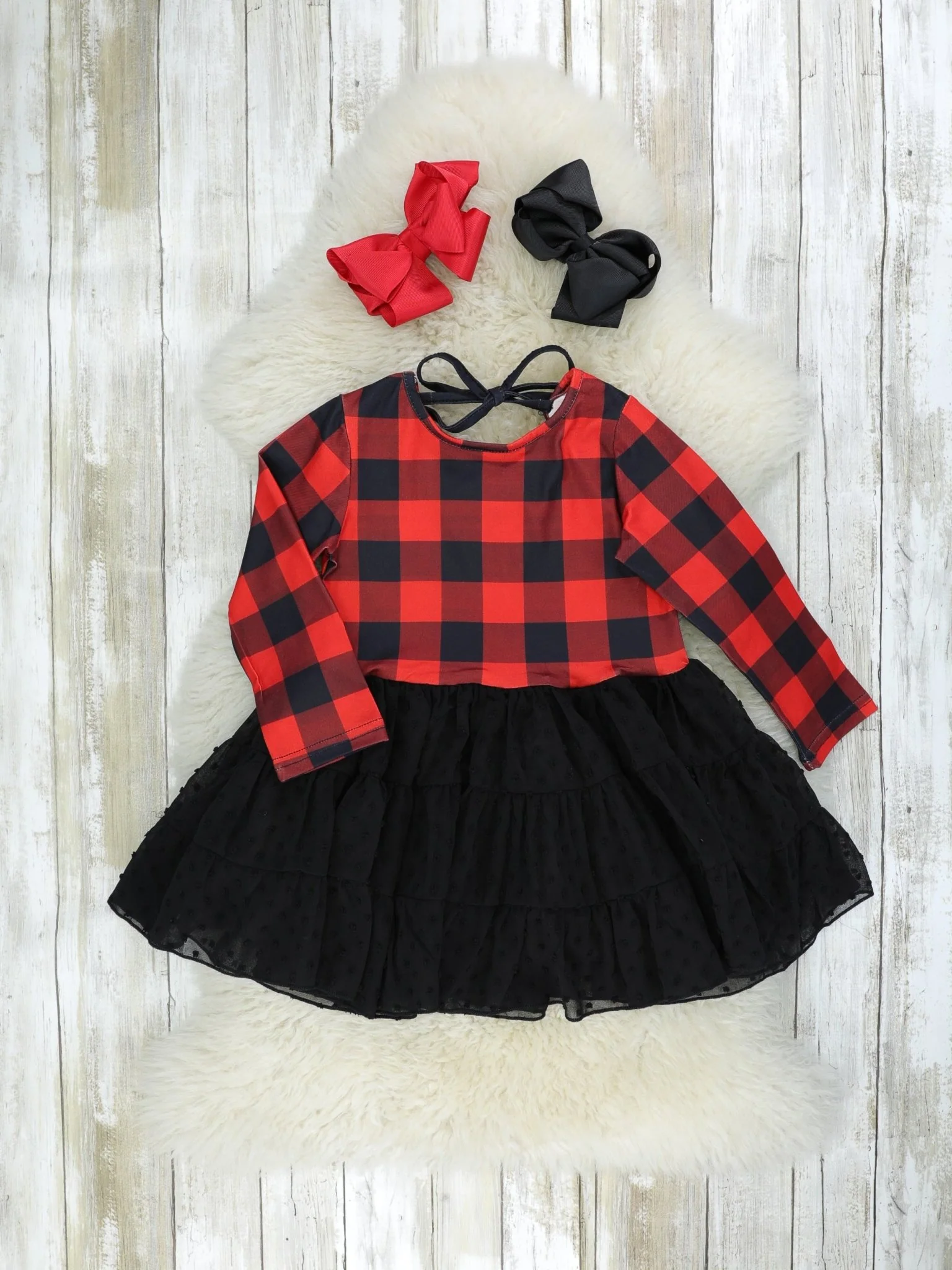 Buffalo Plaid Swiss Dot Tie Dress