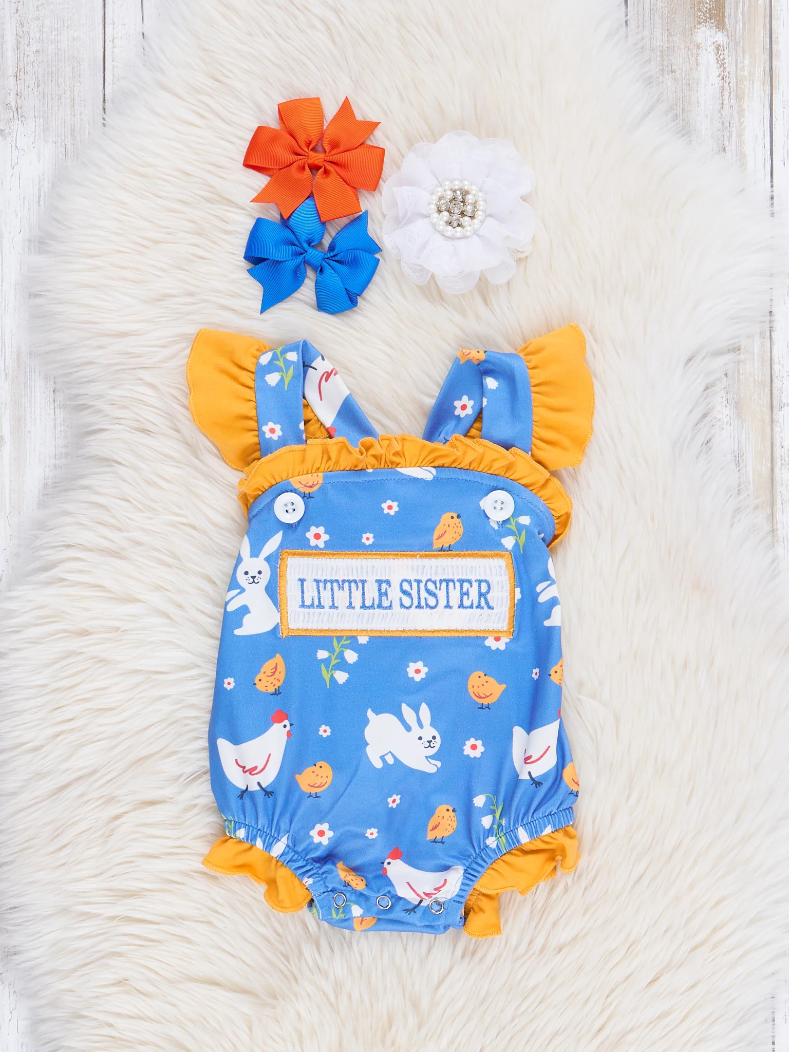 Bunnies & Chickens Smocked Little Sister Bubble Romper