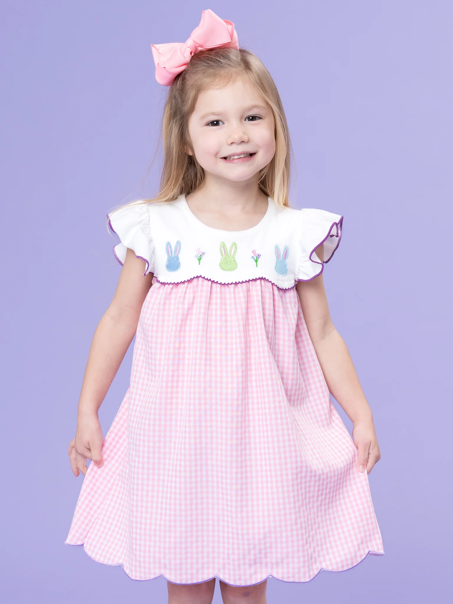 Bunny Lineup Gingham Embroidered Ruffle Dress