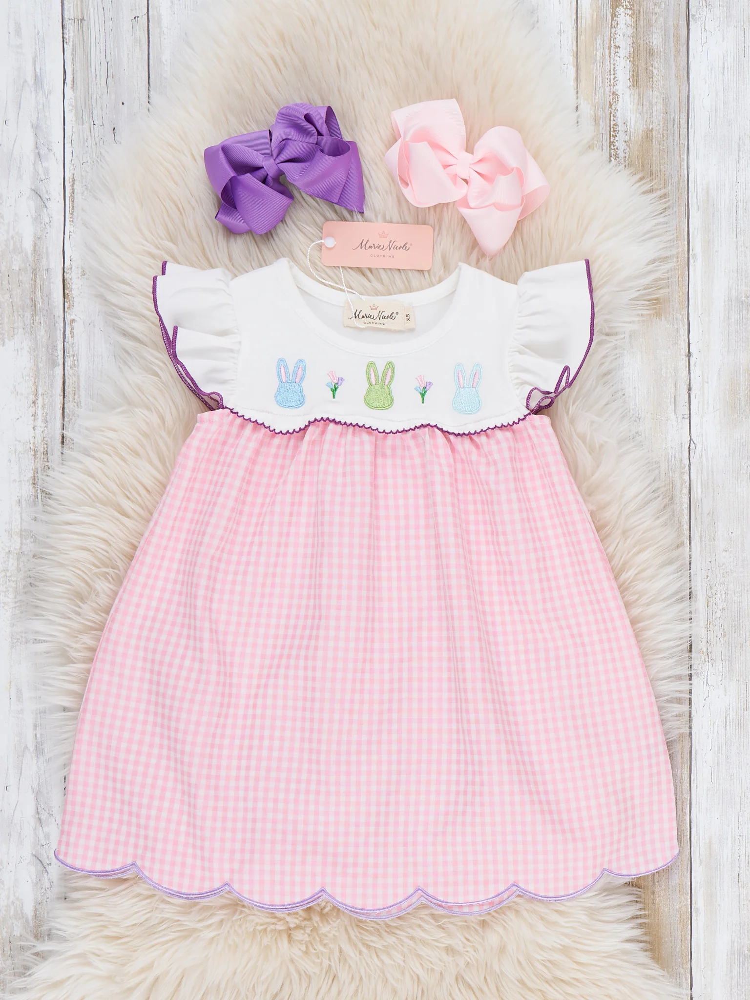 Bunny Lineup Gingham Embroidered Ruffle Dress - Image 2