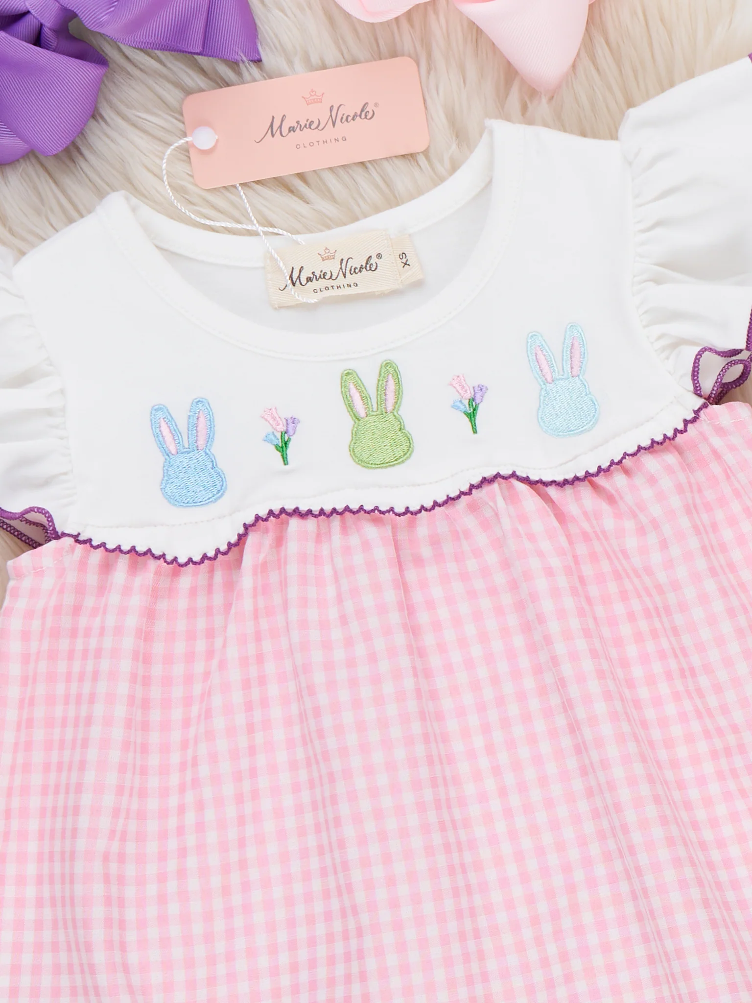 Bunny Lineup Gingham Embroidered Ruffle Dress - Image 3
