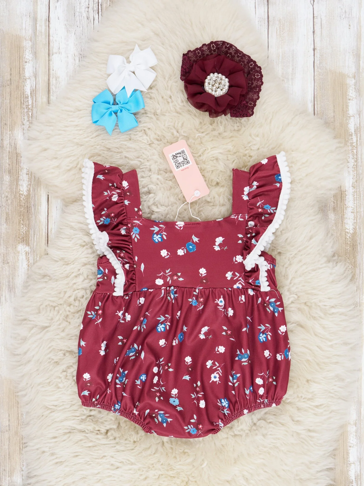 Burgundy Floral Ruffle Bubble Romper - Image 2