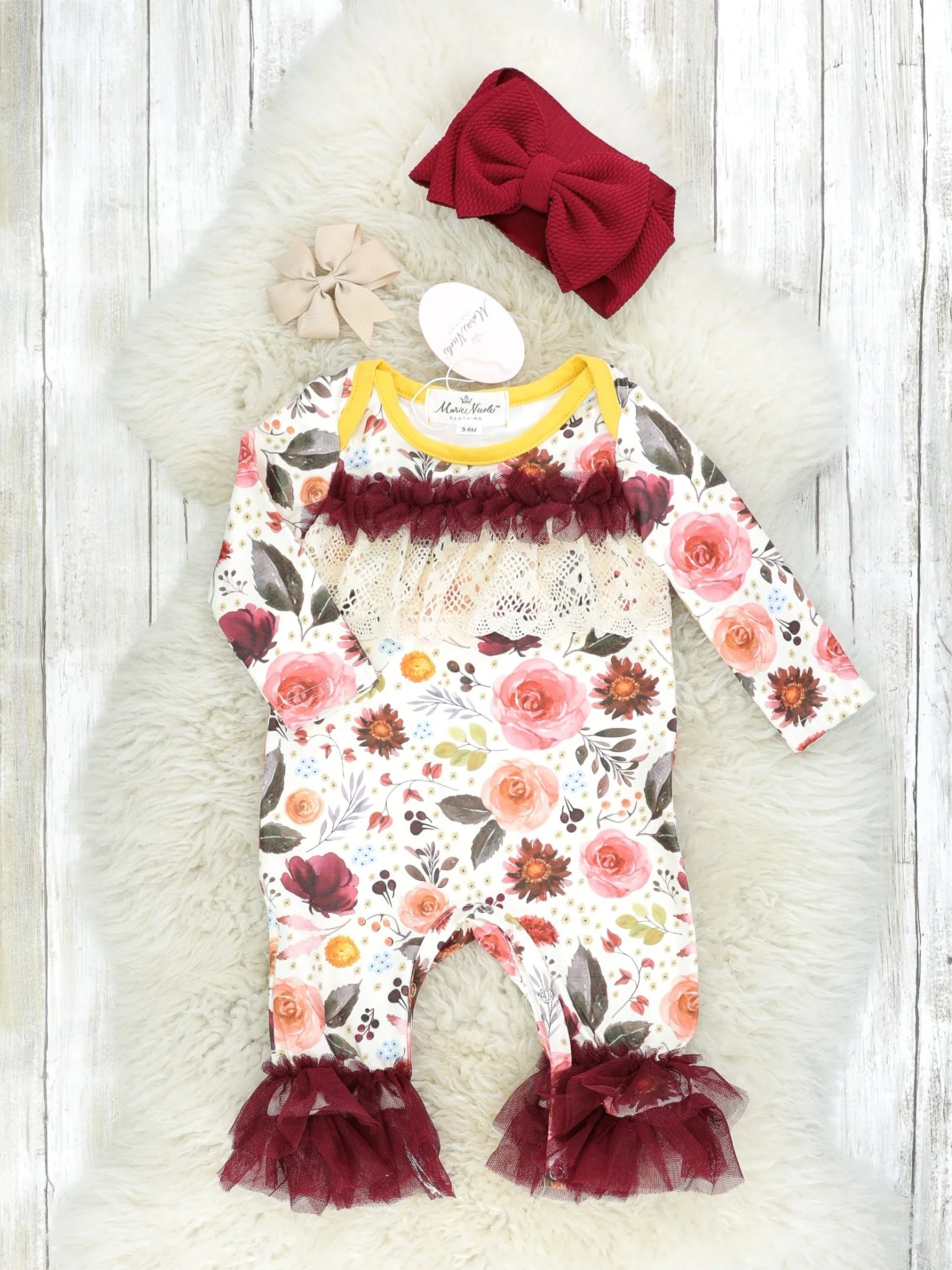 Burgundy Floral Tulle Ruffle Romper