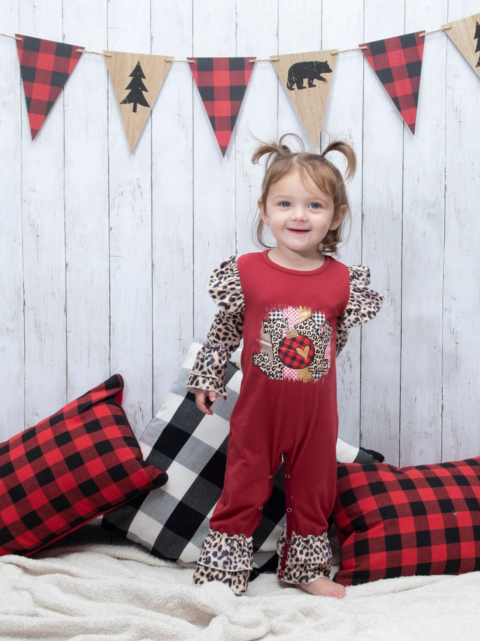 Burgundy "Joy" Leopard Ruffle Raglan Romper