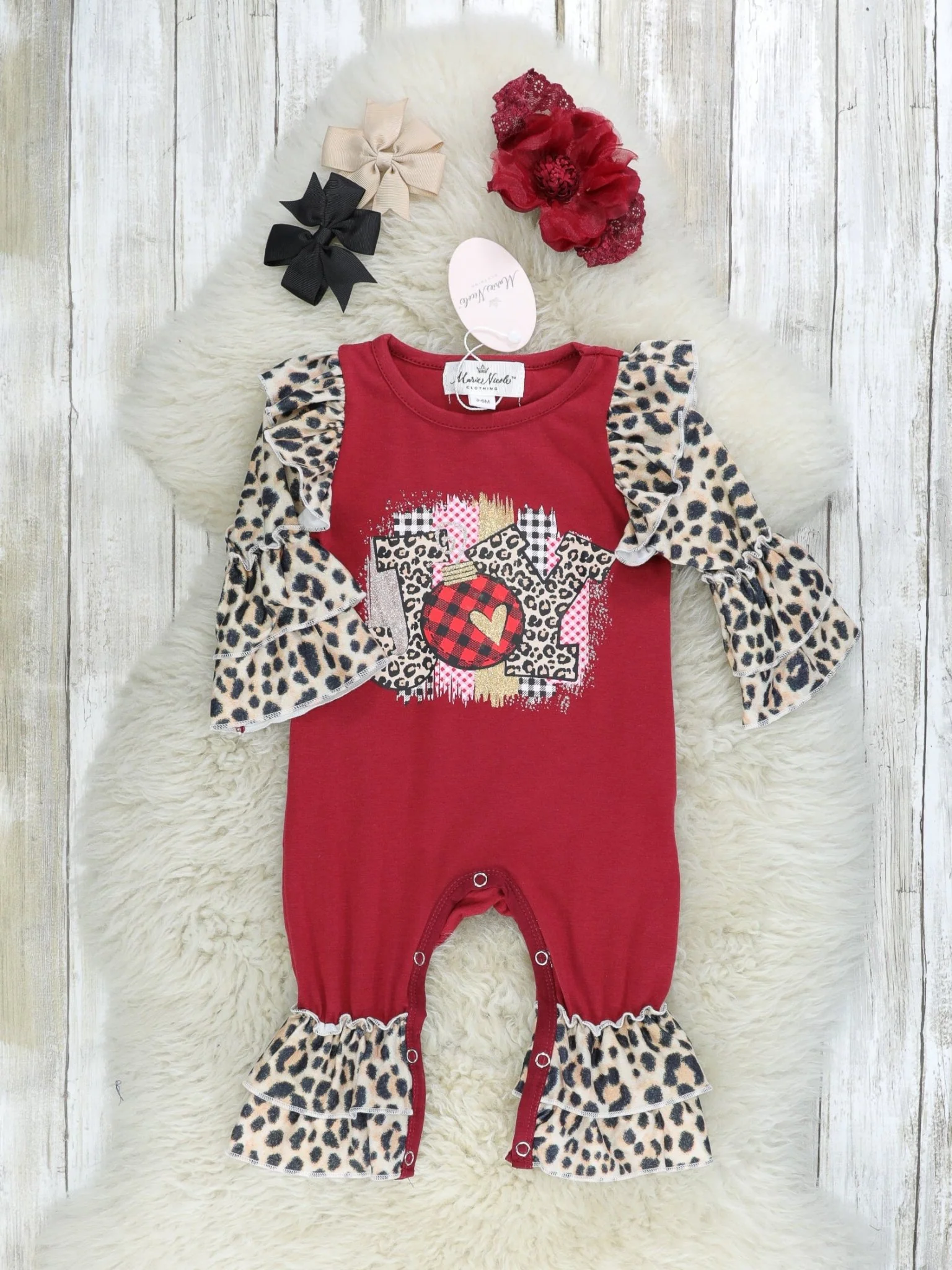 Burgundy "Joy" Leopard Ruffle Raglan Romper - Image 2