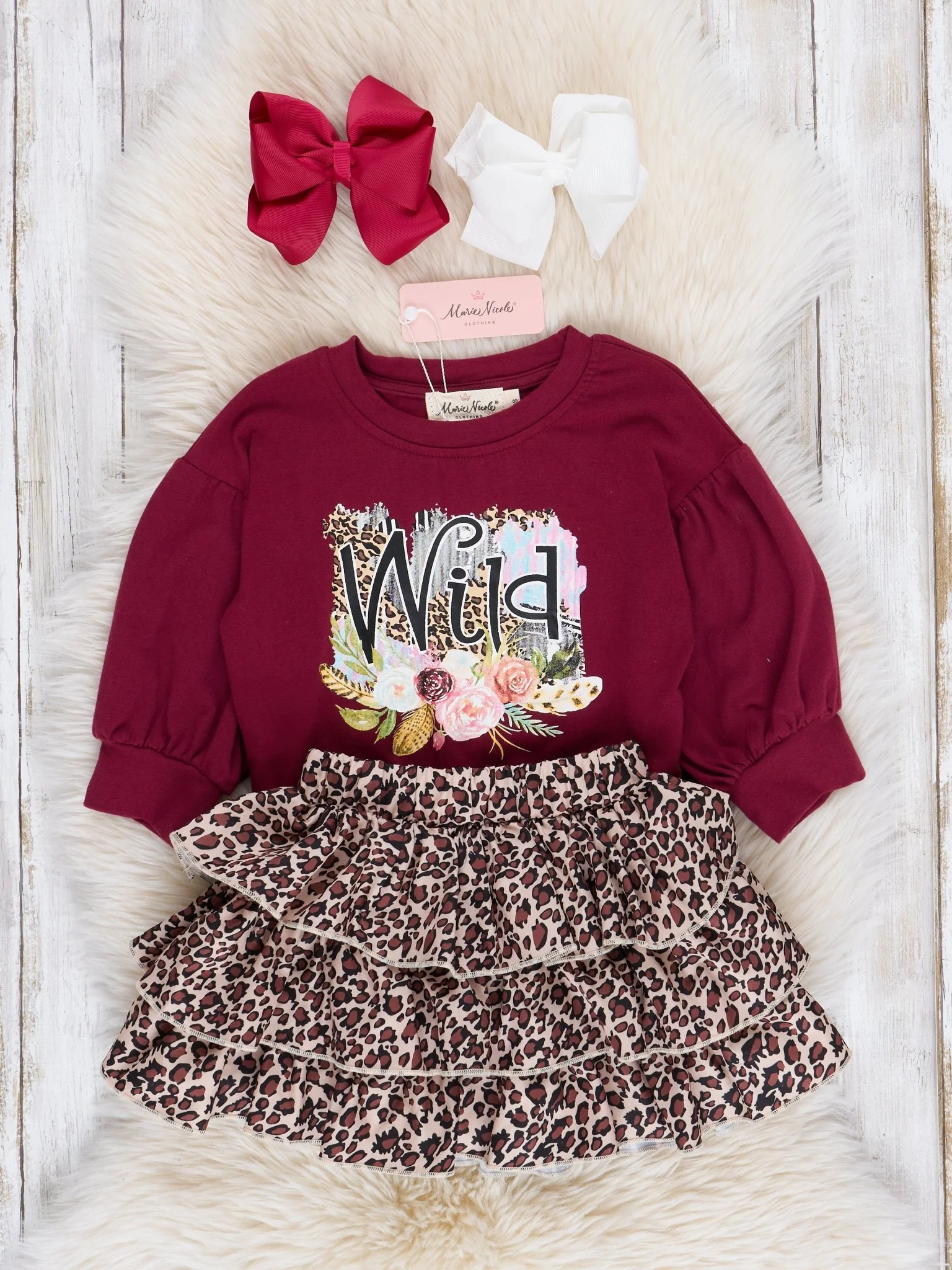 Burgundy & Leopard Wild Girl Outfit w/ Skirt - Image 2