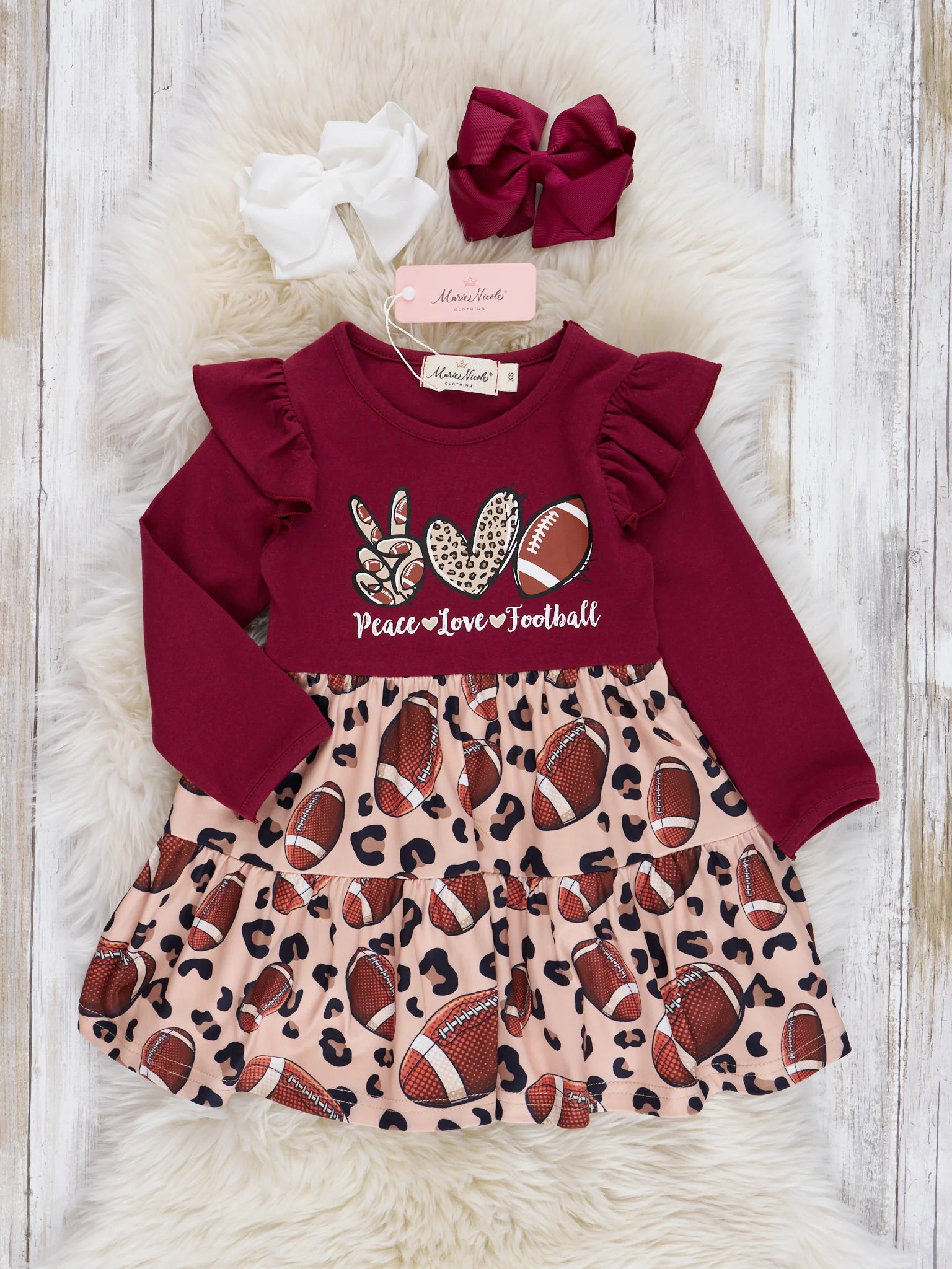 Burgundy "Love, Peace & Football" Ruffle Dress - Image 2