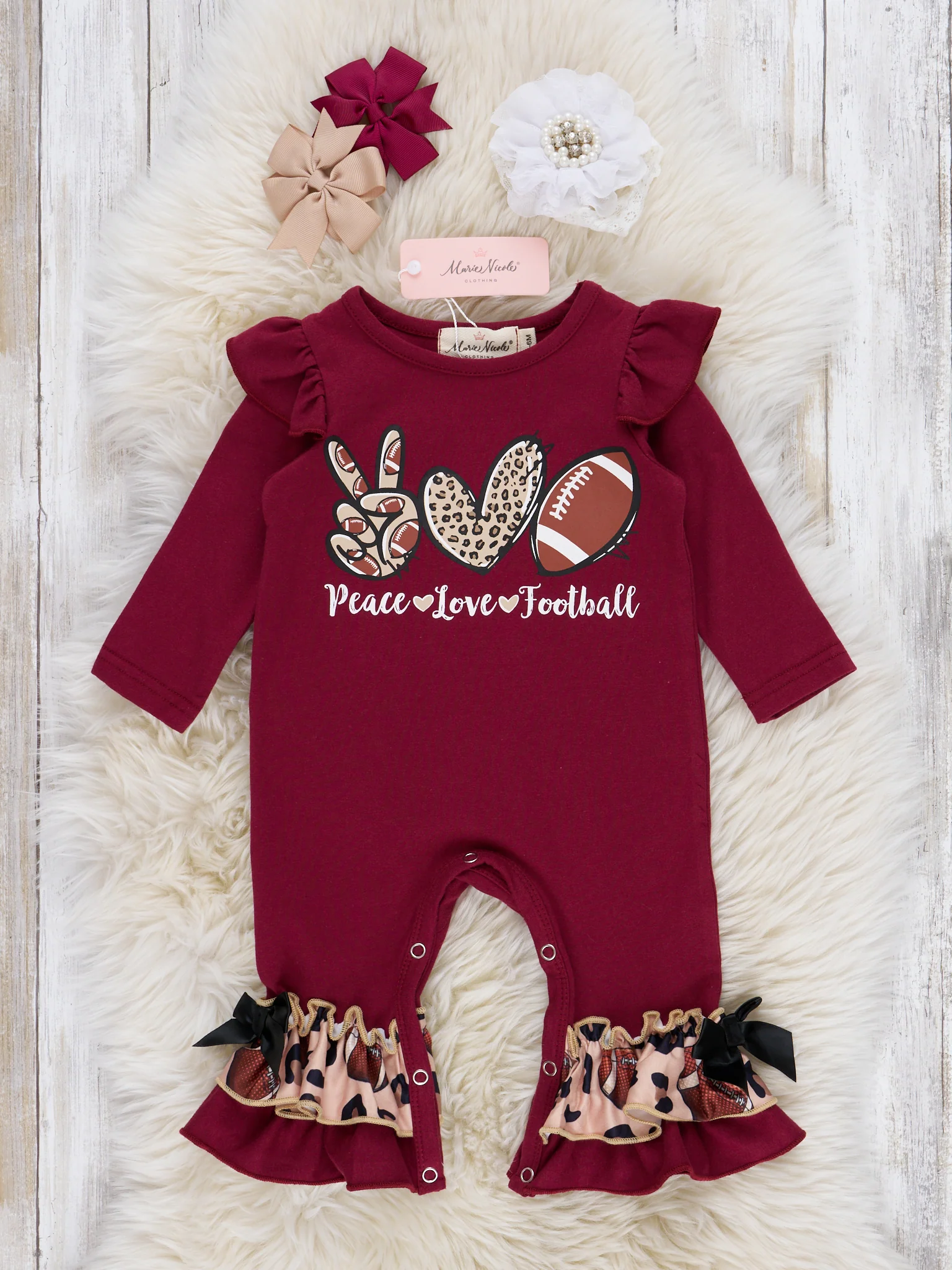 Burgundy "Love, Peace & Football" Ruffle Romper