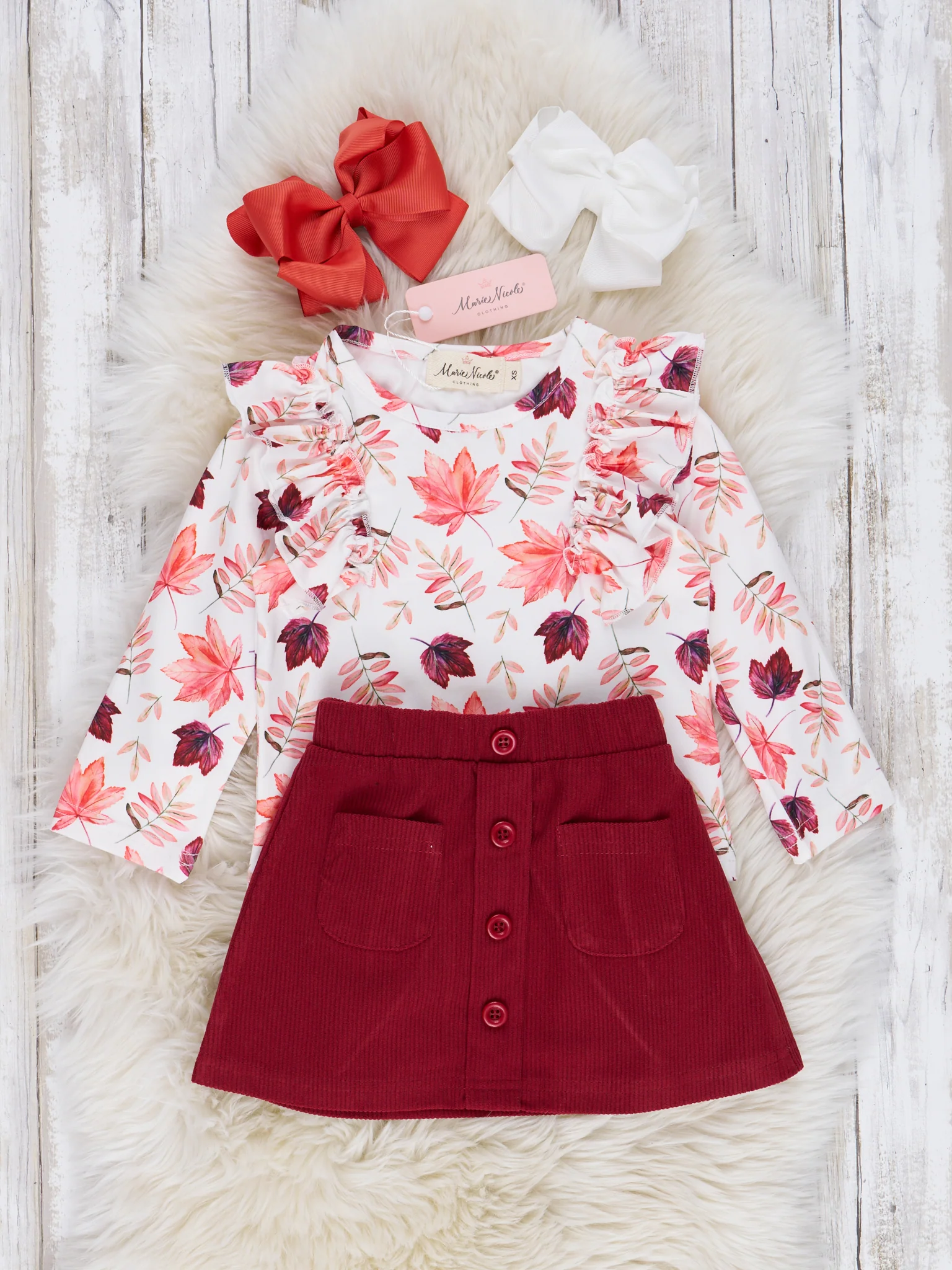 Burgundy Maple Leaves Suede Skirt Ruffle Outfit