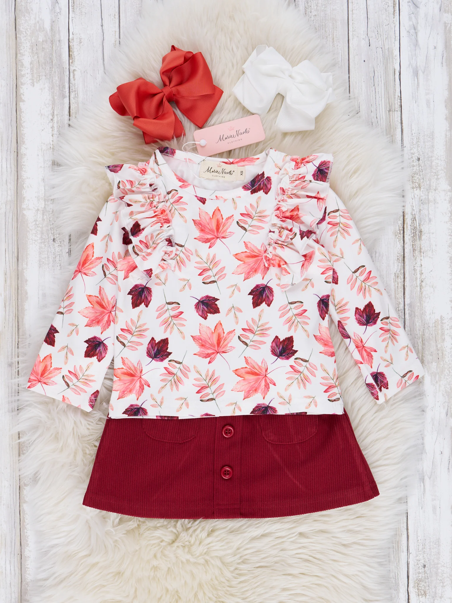 Burgundy Maple Leaves Suede Skirt Ruffle Outfit - Image 2