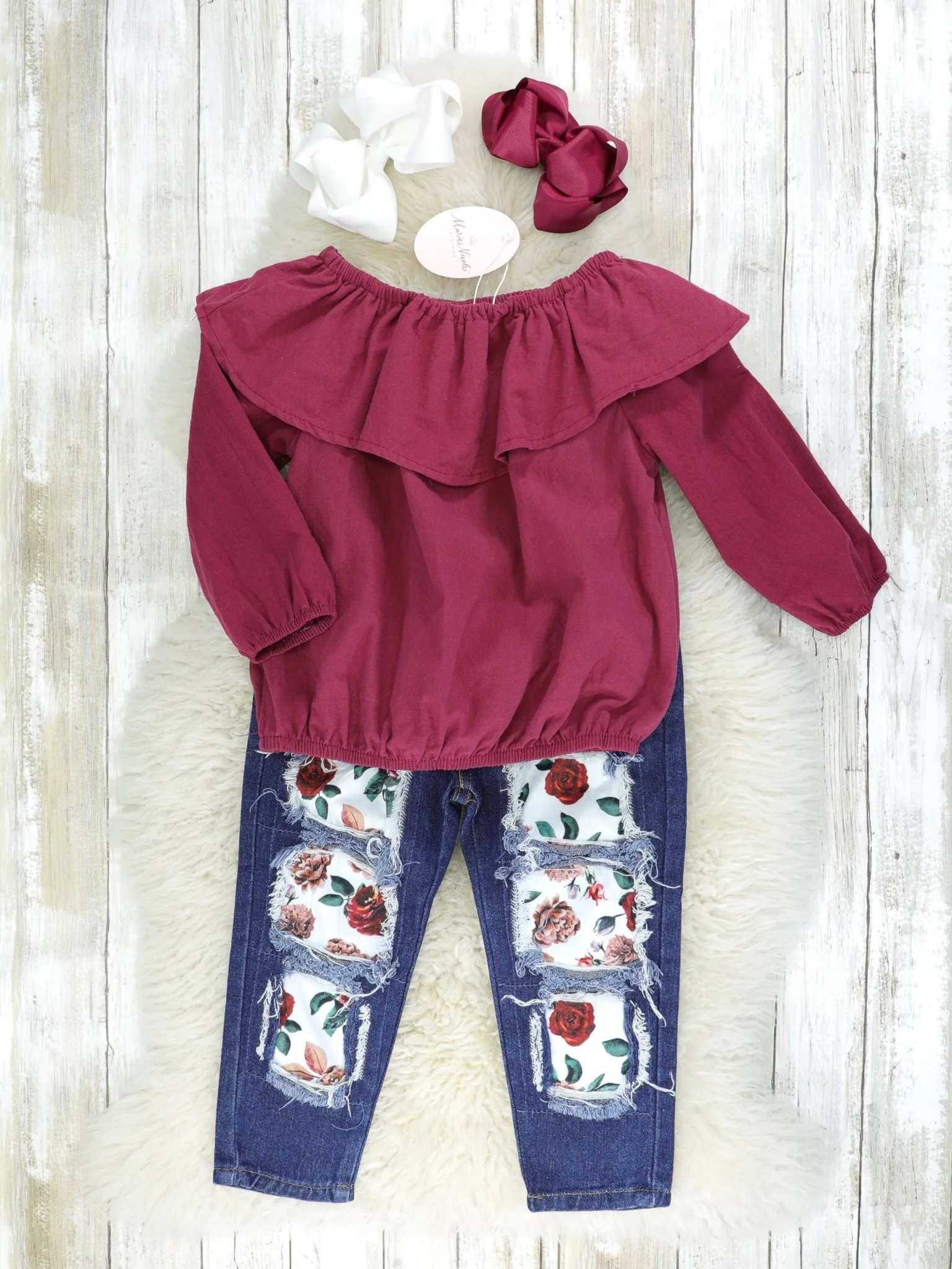Burgundy Ruffle Neck Blouse & Floral Distressed Denim Outfit