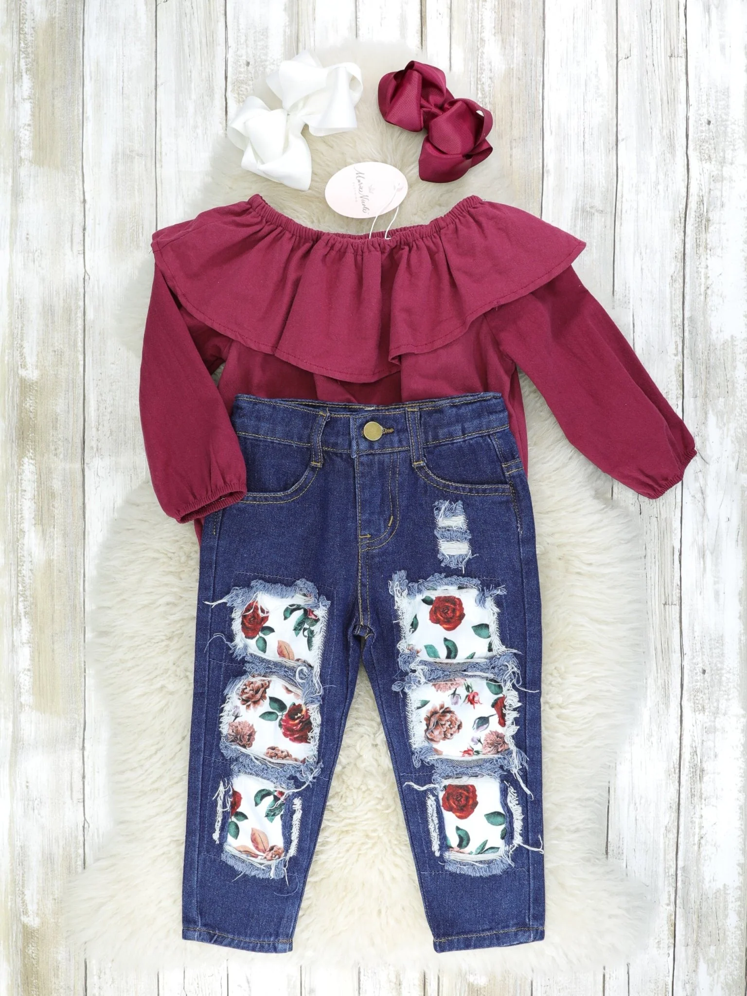 Burgundy Ruffle Neck Blouse & Floral Distressed Denim Outfit - Image 2