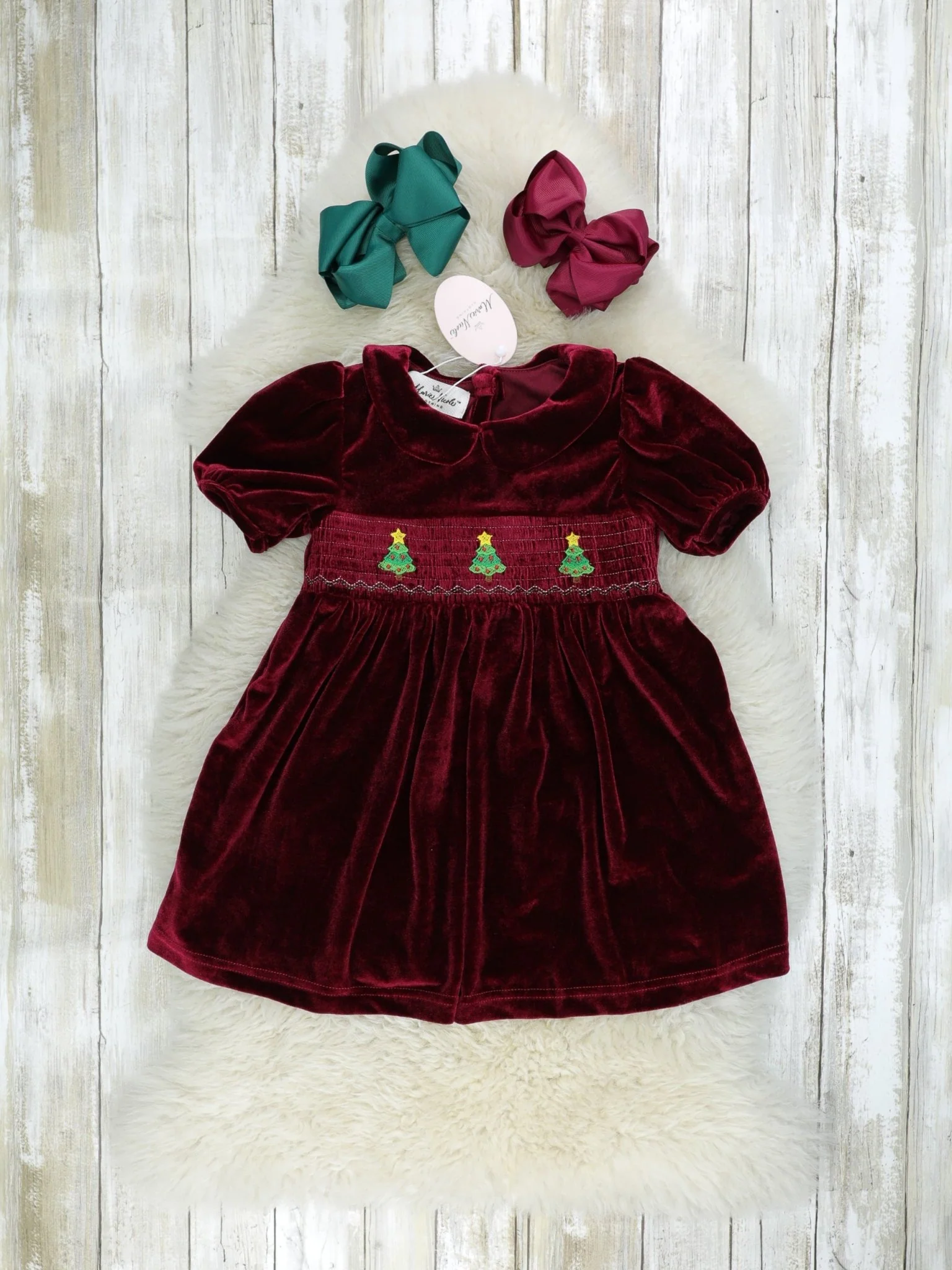 Burgundy Smocked Christmas Tree Dress
