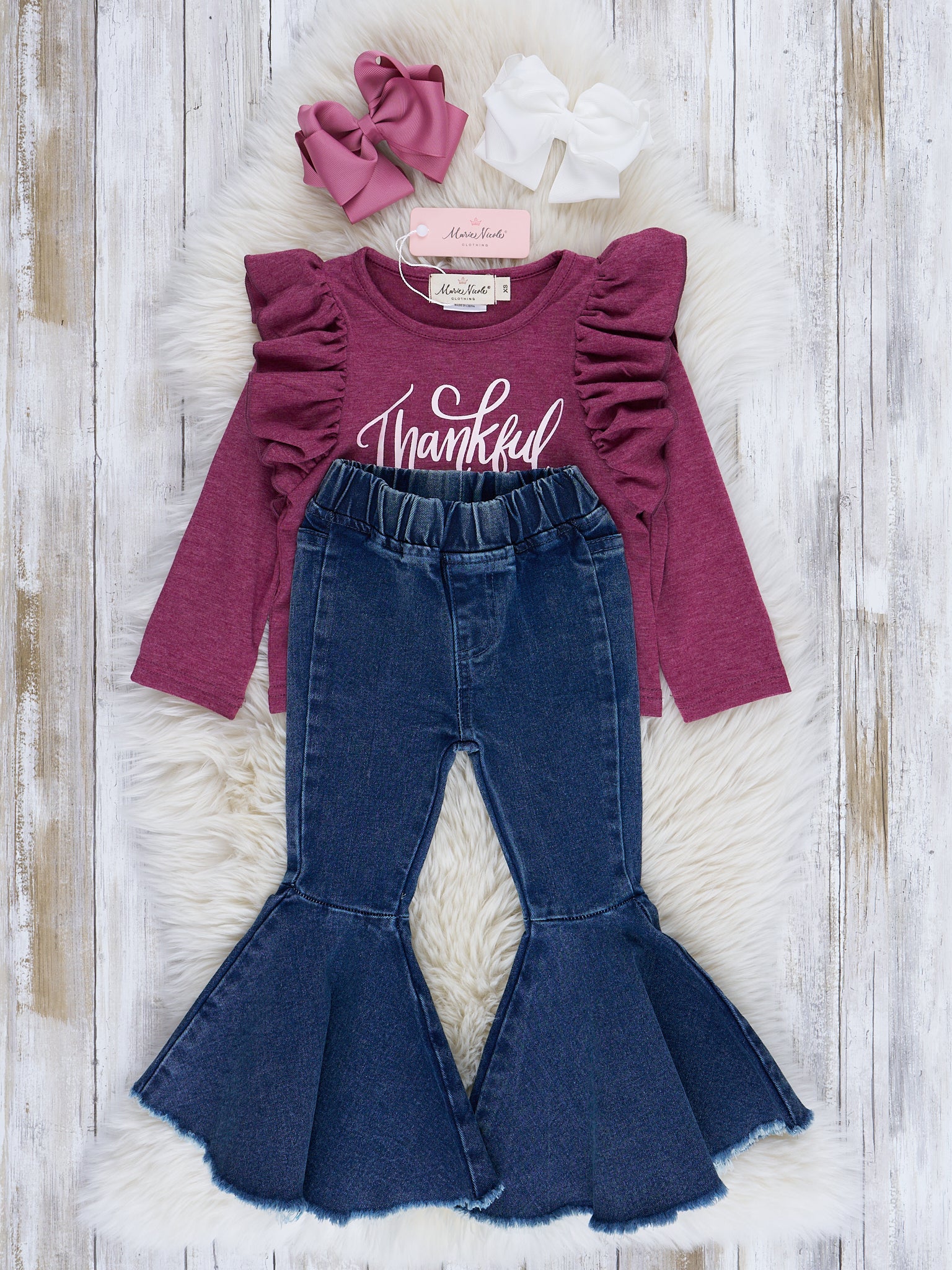 Burgundy "Thankful" Ruffle Bell Bottom Outfit - Image 2