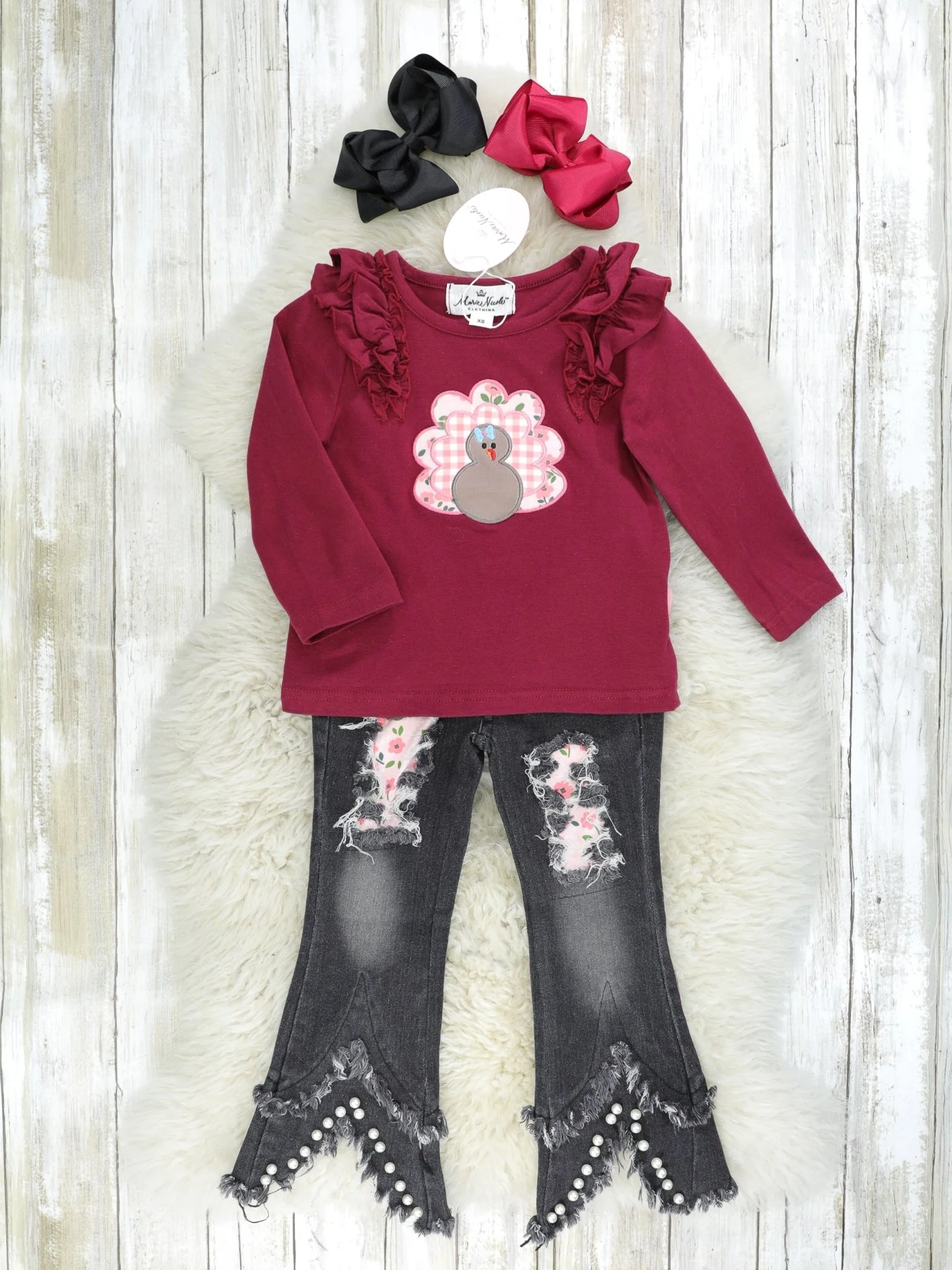 Burgundy Turkey Ruffle Top & Distressed Denim Outfit