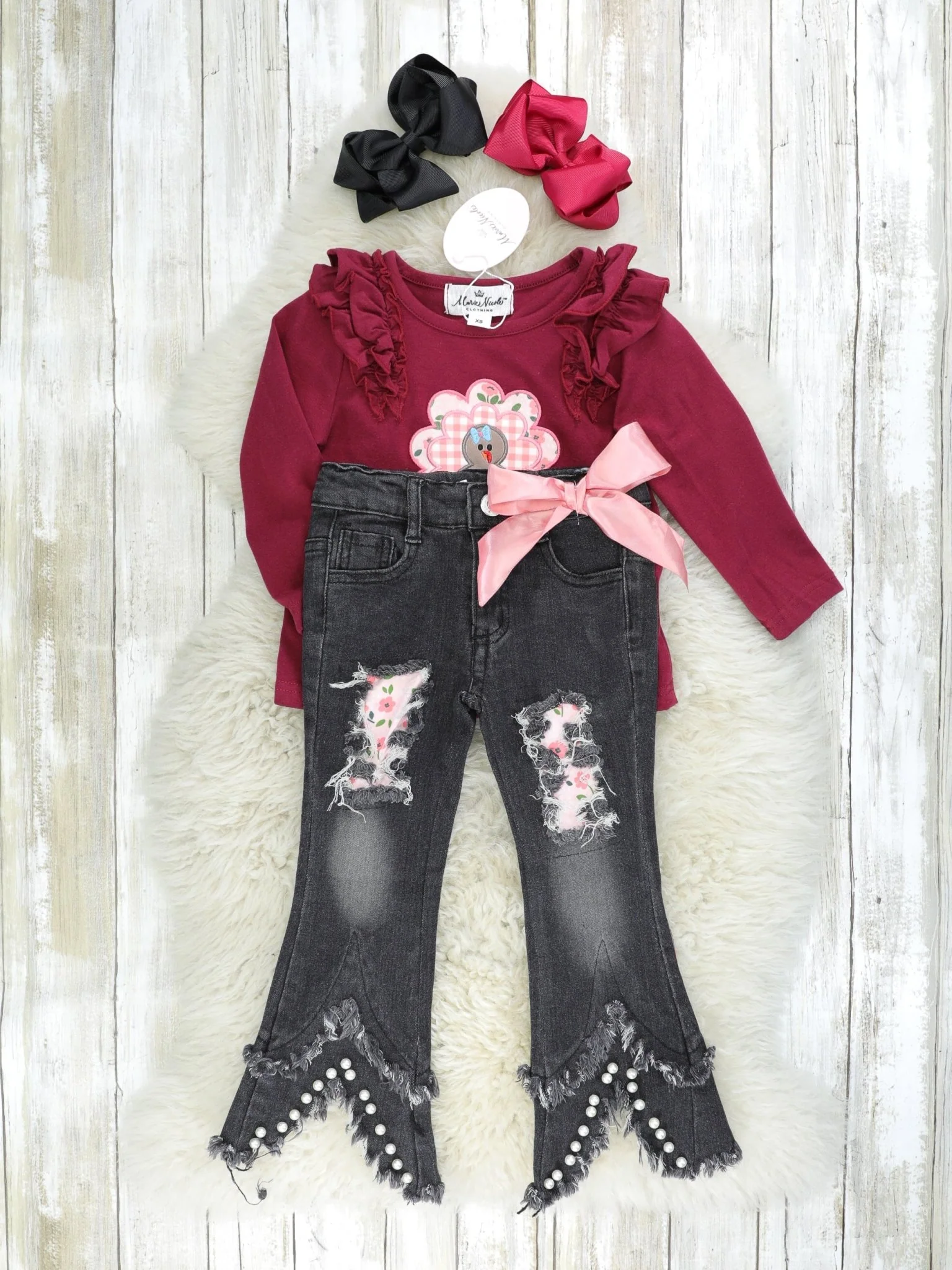 Burgundy Turkey Ruffle Top & Distressed Denim Outfit - Image 2