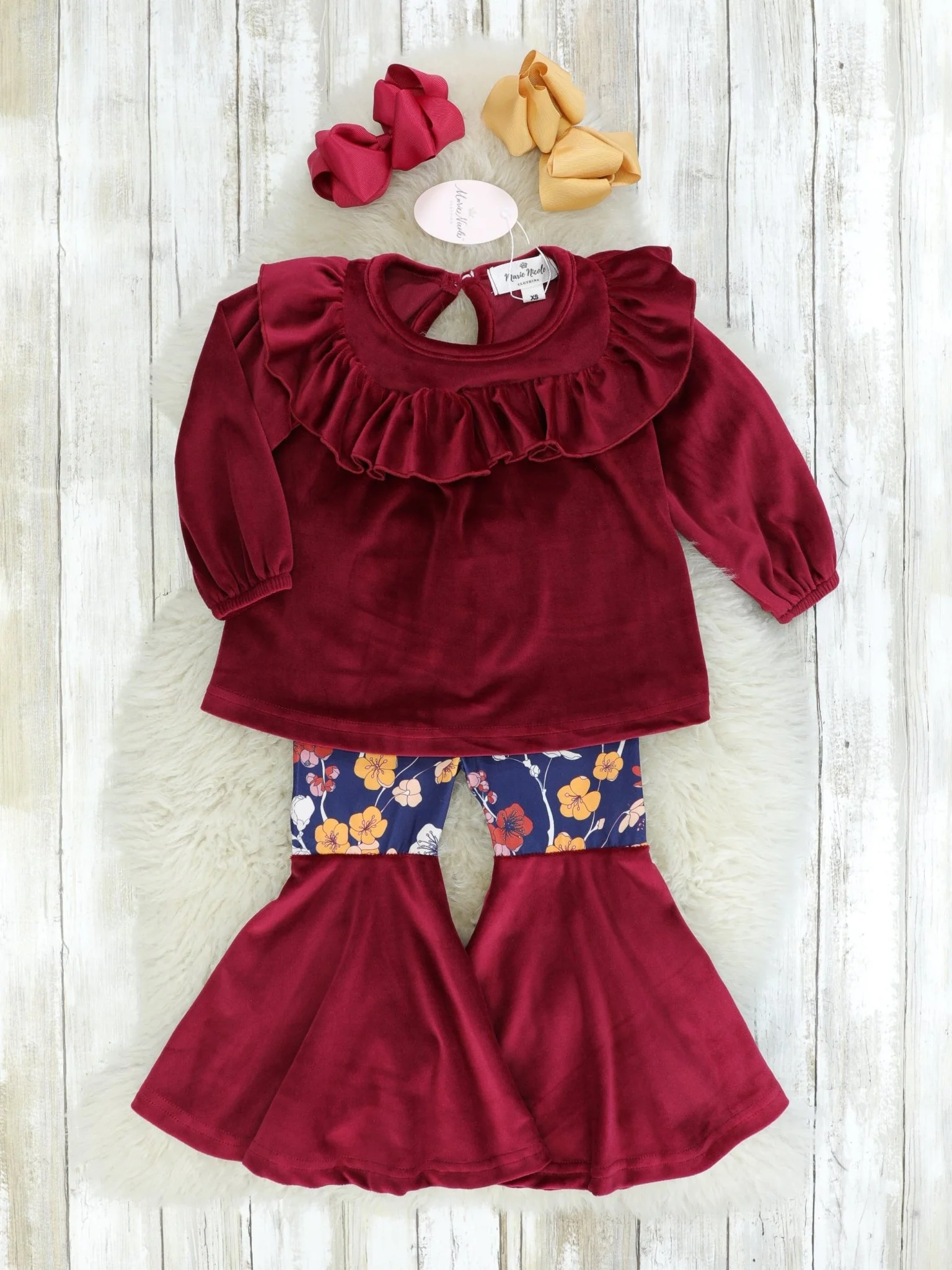Burgundy Velvet Ruffle Top & Navy Floral Bell Bottoms Outfit