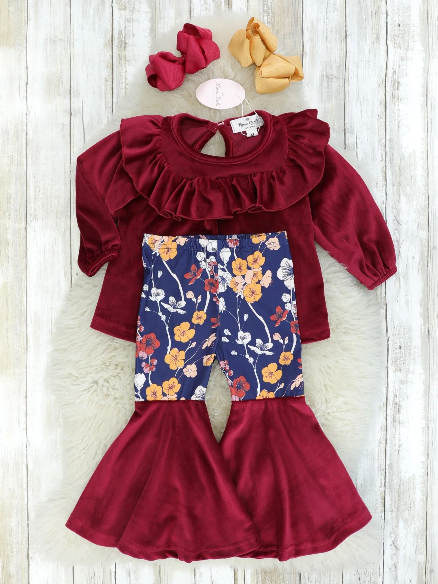 Burgundy Velvet Ruffle Top & Navy Floral Bell Bottoms Outfit - Image 2