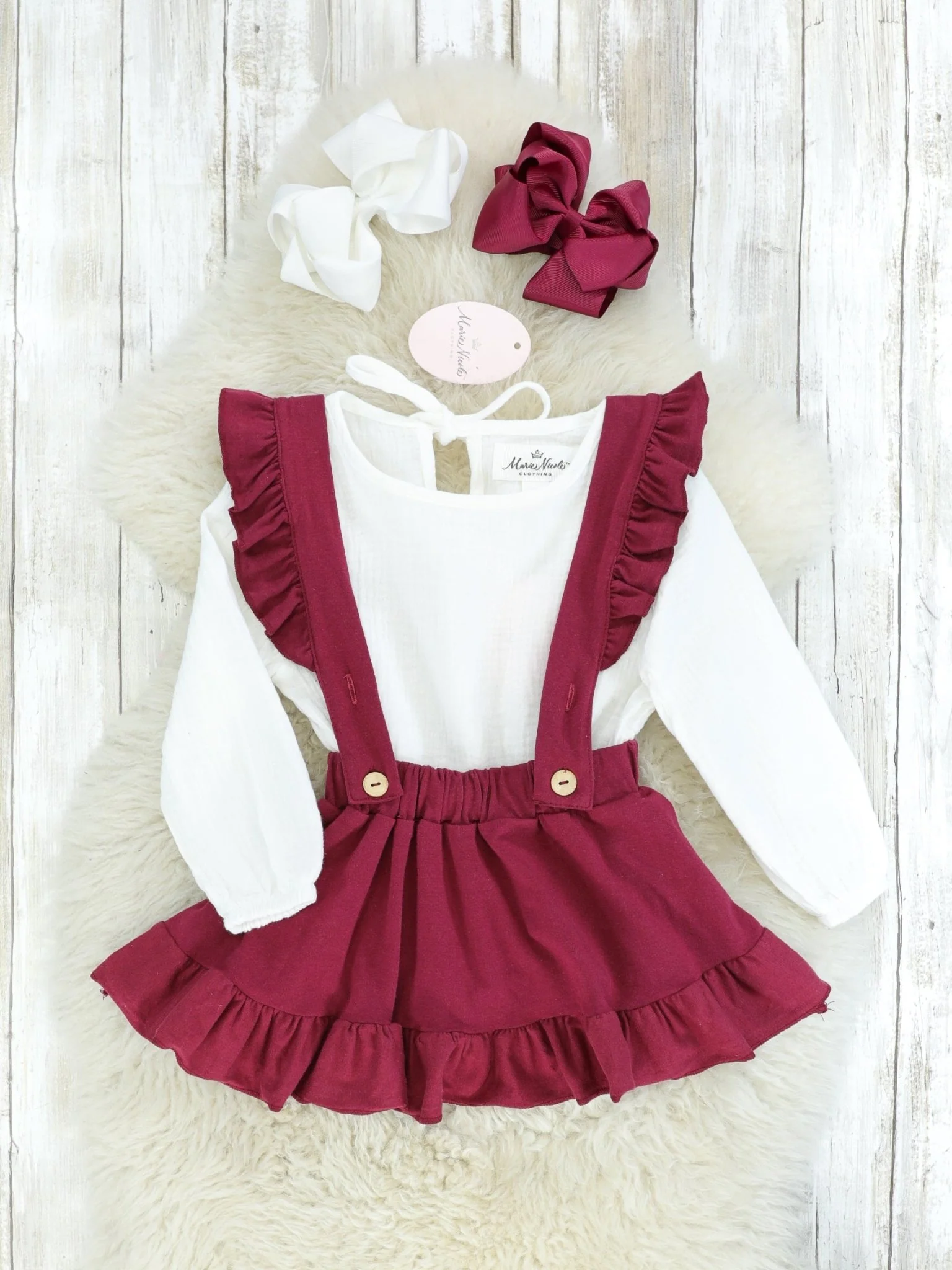 Burgundy & White Suspender Skirt Set
