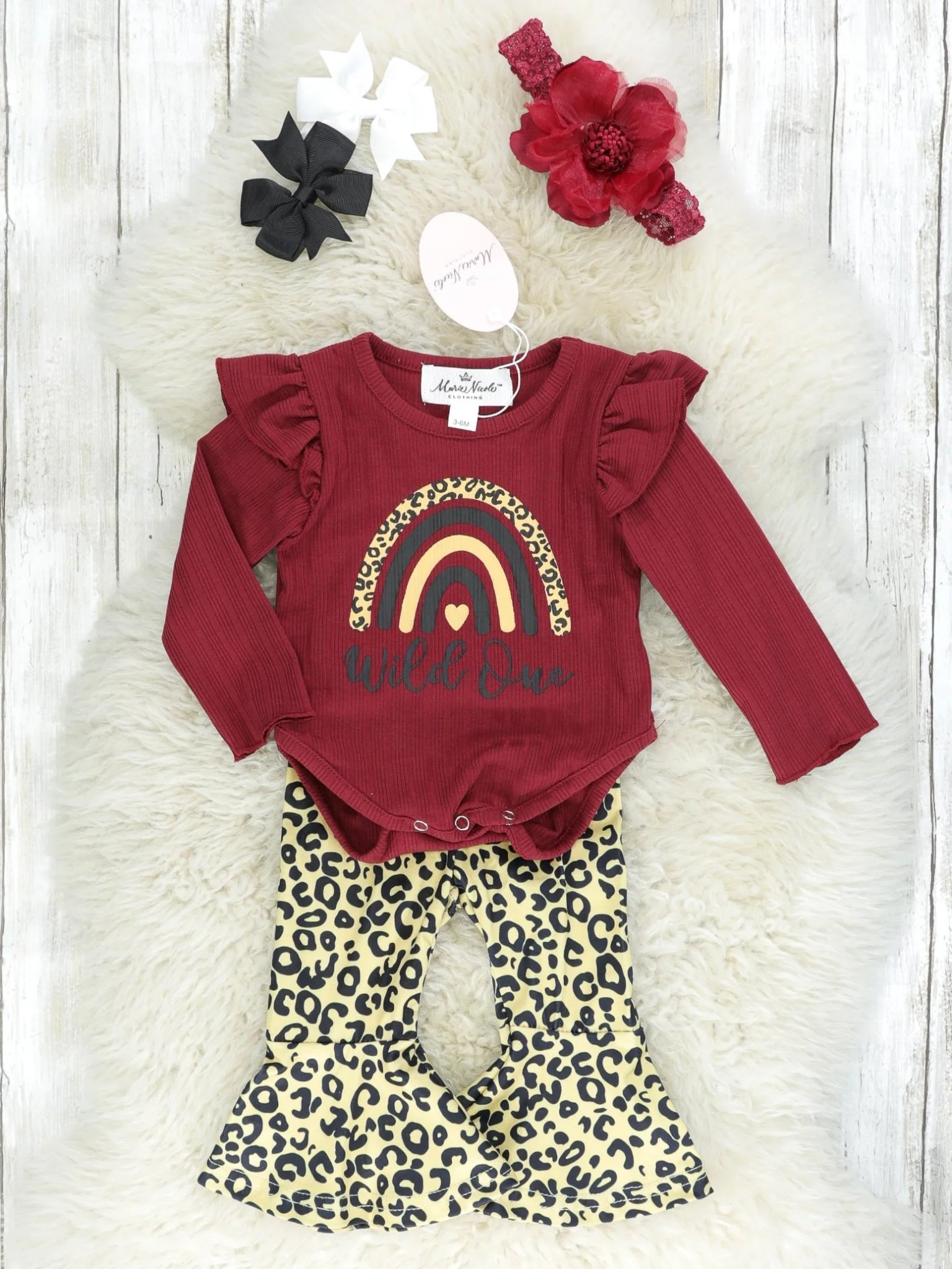 Burgundy "Wild One" Ribbed Leopard Onesie & Bell Bottom Outfit
