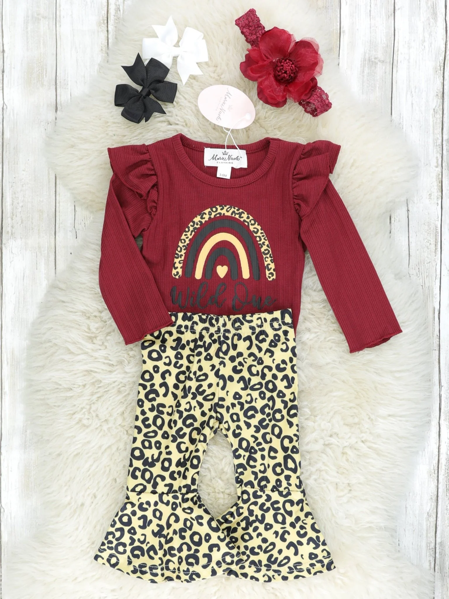 Burgundy "Wild One" Ribbed Leopard Onesie & Bell Bottom Outfit - Image 2