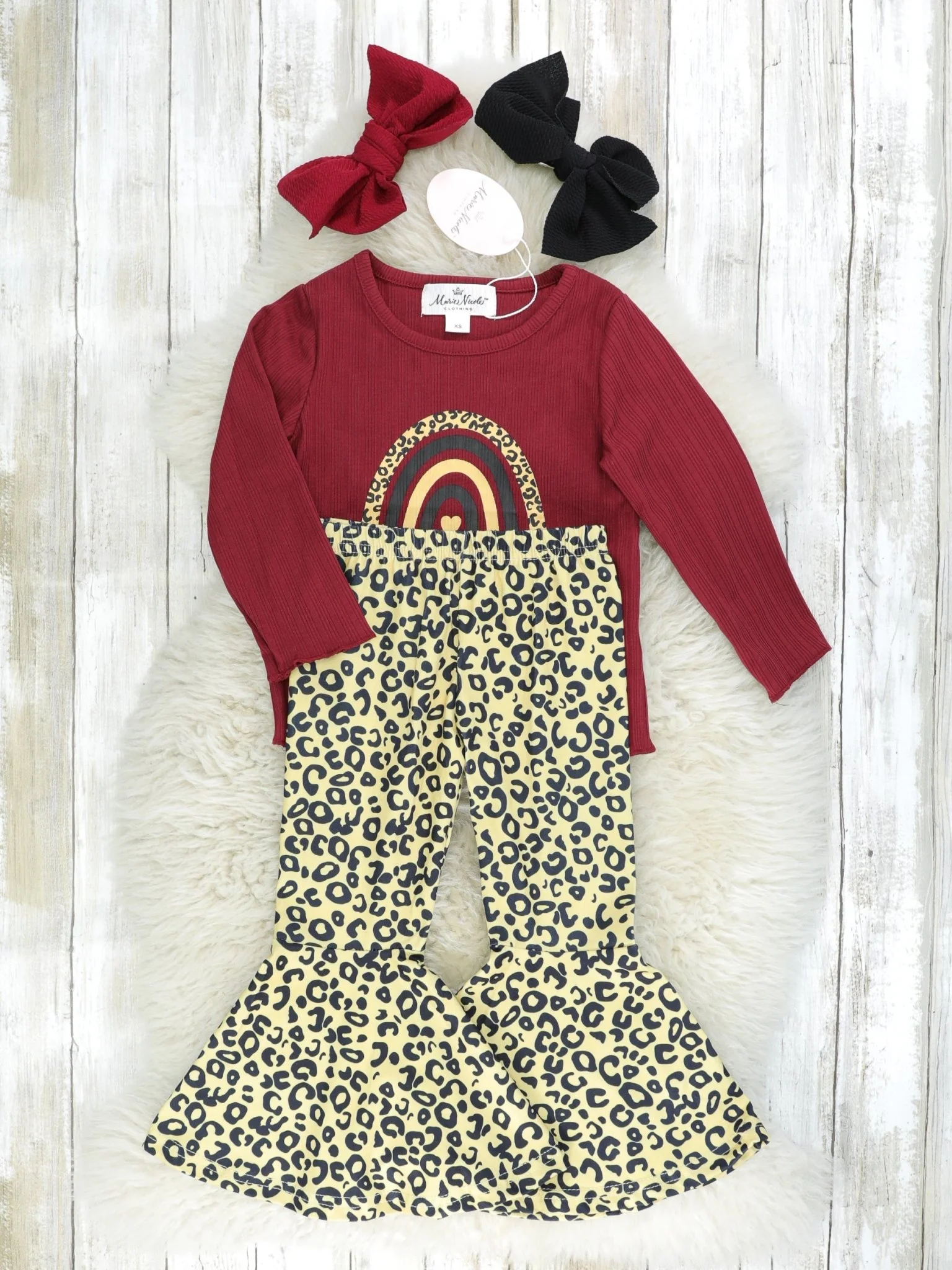 Burgundy "Wild One" Ribbed Leopard Top & Bell Bottom Outfit - Image 2