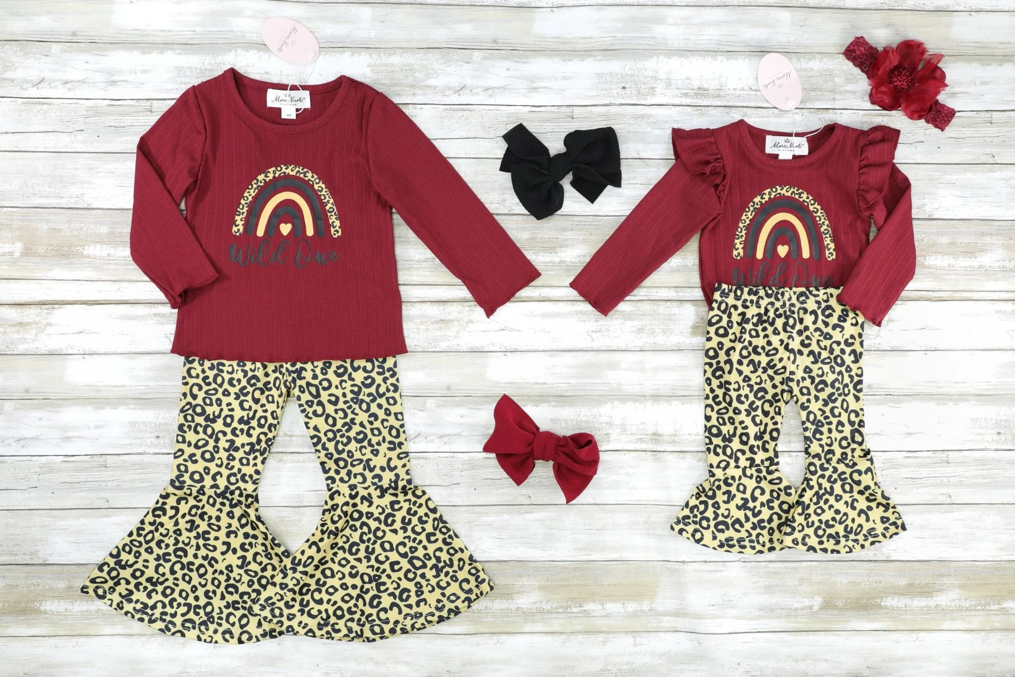 Burgundy "Wild One" Ribbed Leopard Top & Bell Bottom Outfit - Image 3