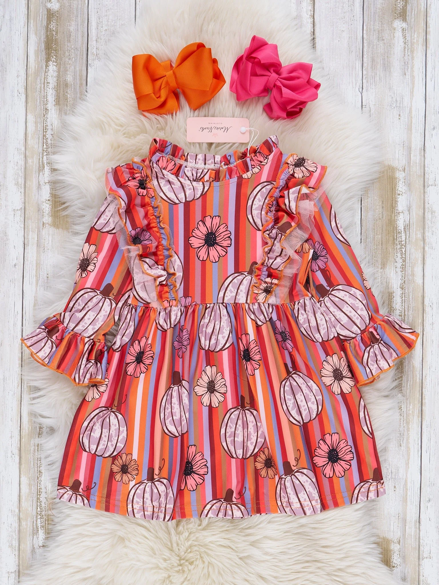 Burnt Orange Floral Pumpkins Ruffle Dress