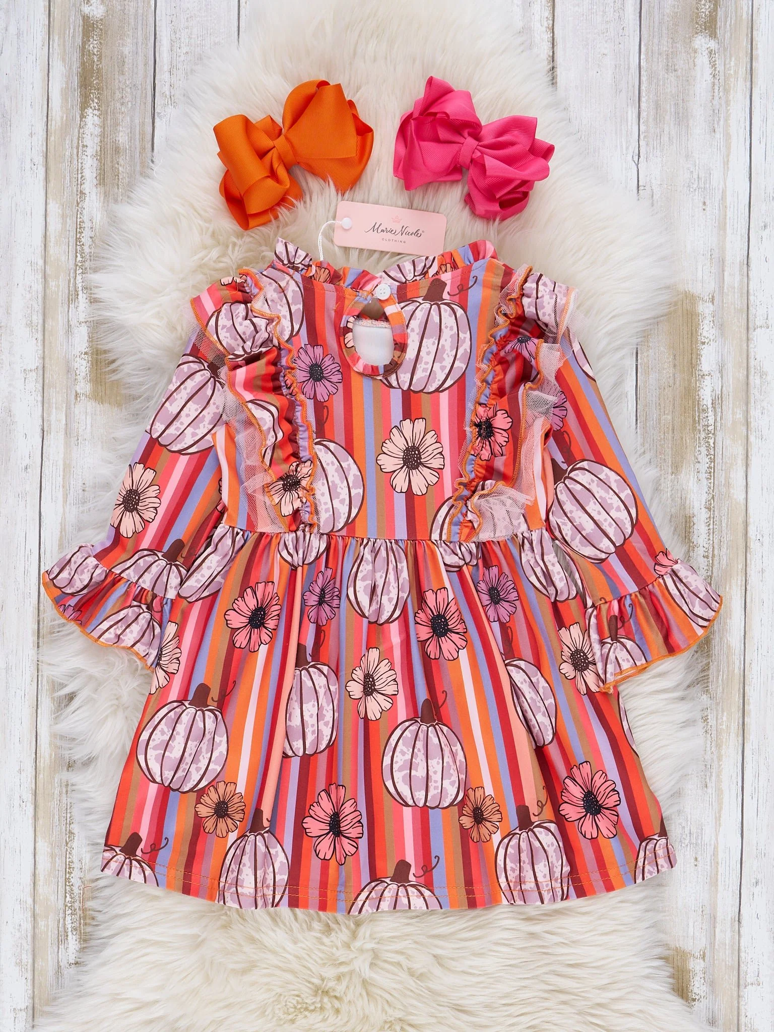 Burnt Orange Floral Pumpkins Ruffle Dress - Image 2
