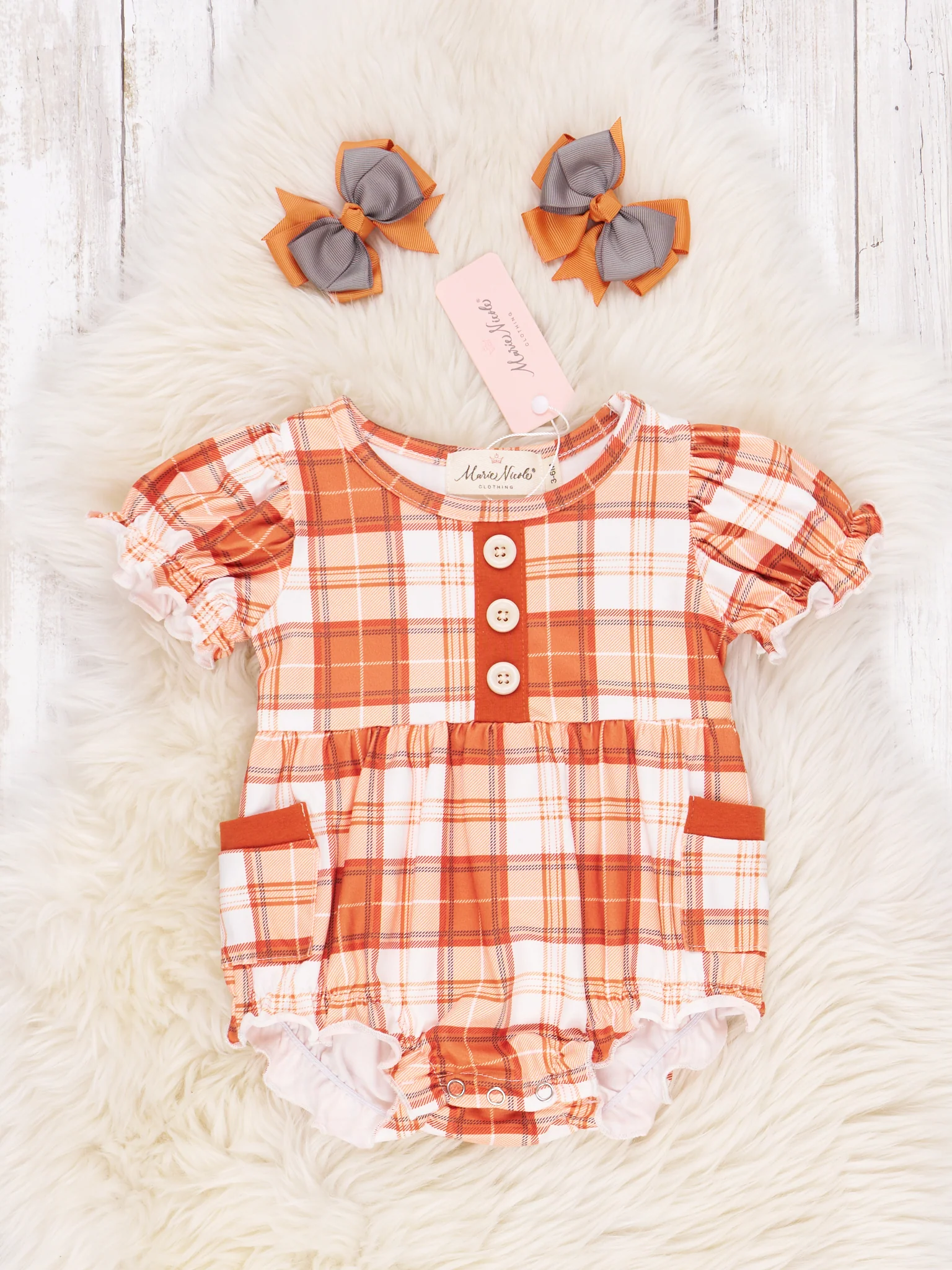 Burnt Orange Plaid Ruffle Bubble Romper