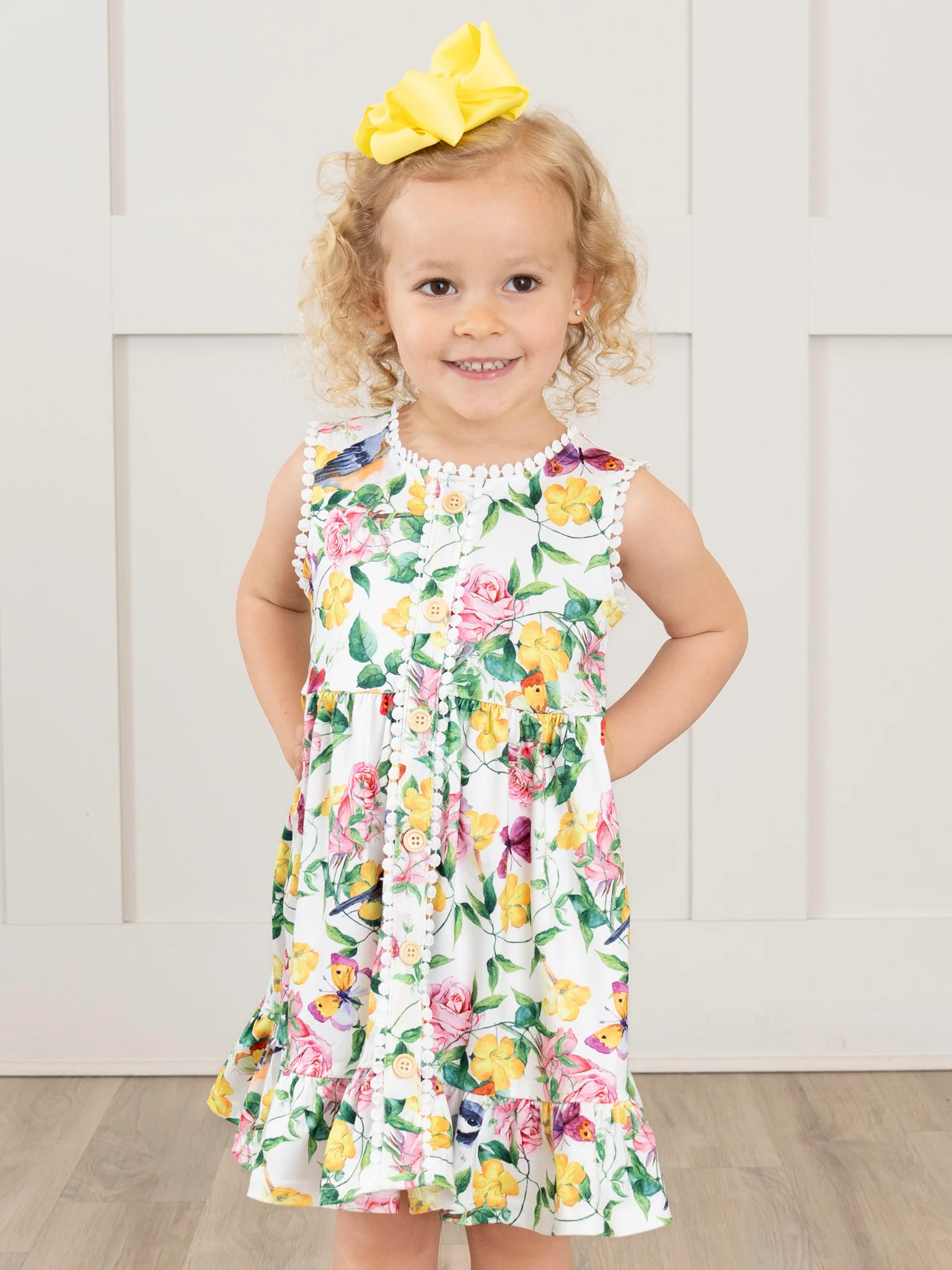 Button Front Pom Pom Dress - Butterfly Garden