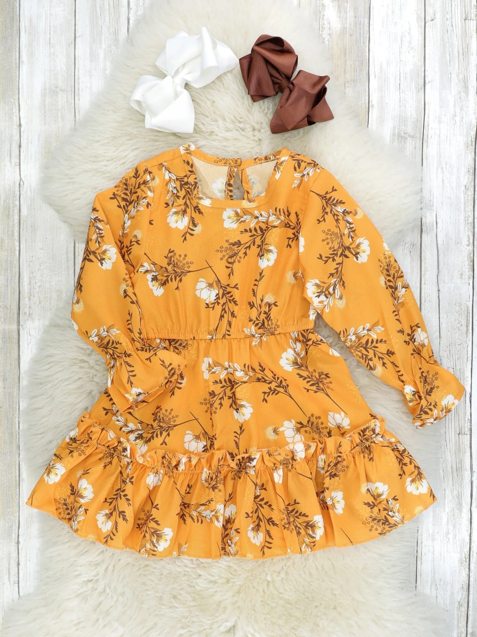 Camel Floral Ruffle Dress
