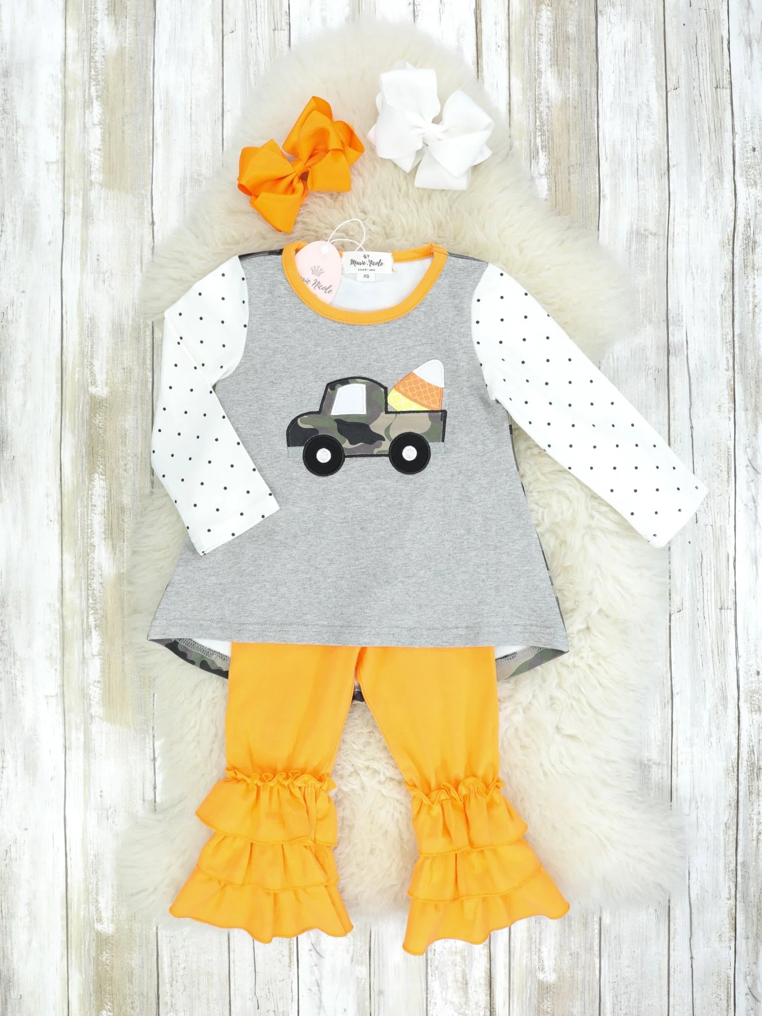 Camo Candy Corn Truck Ruffle Pants Outfit