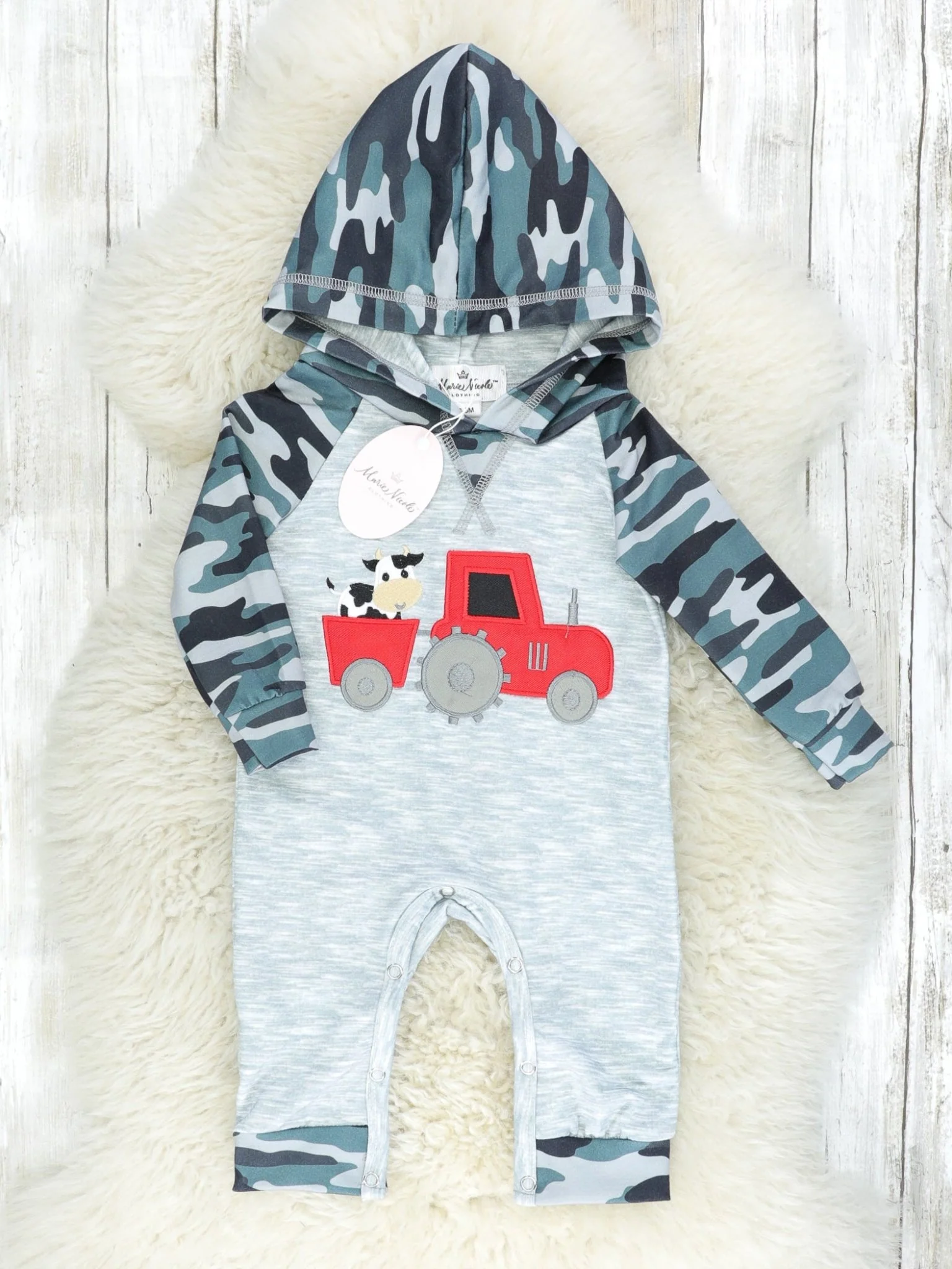 Camouflage Cow On Tractor Hoodie Romper
