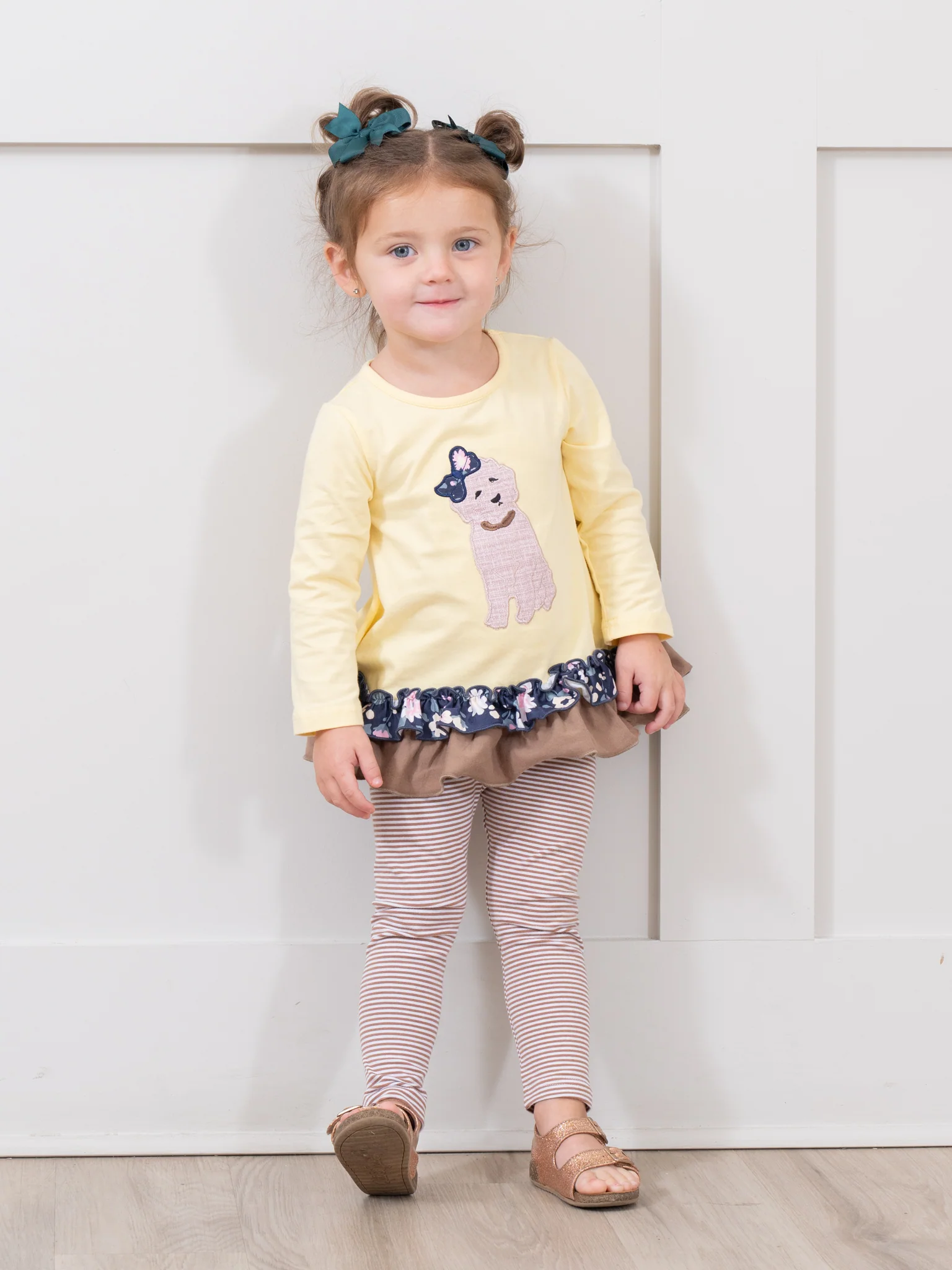 Canary & Brown Embroidered Puppy Ruffle Outfit