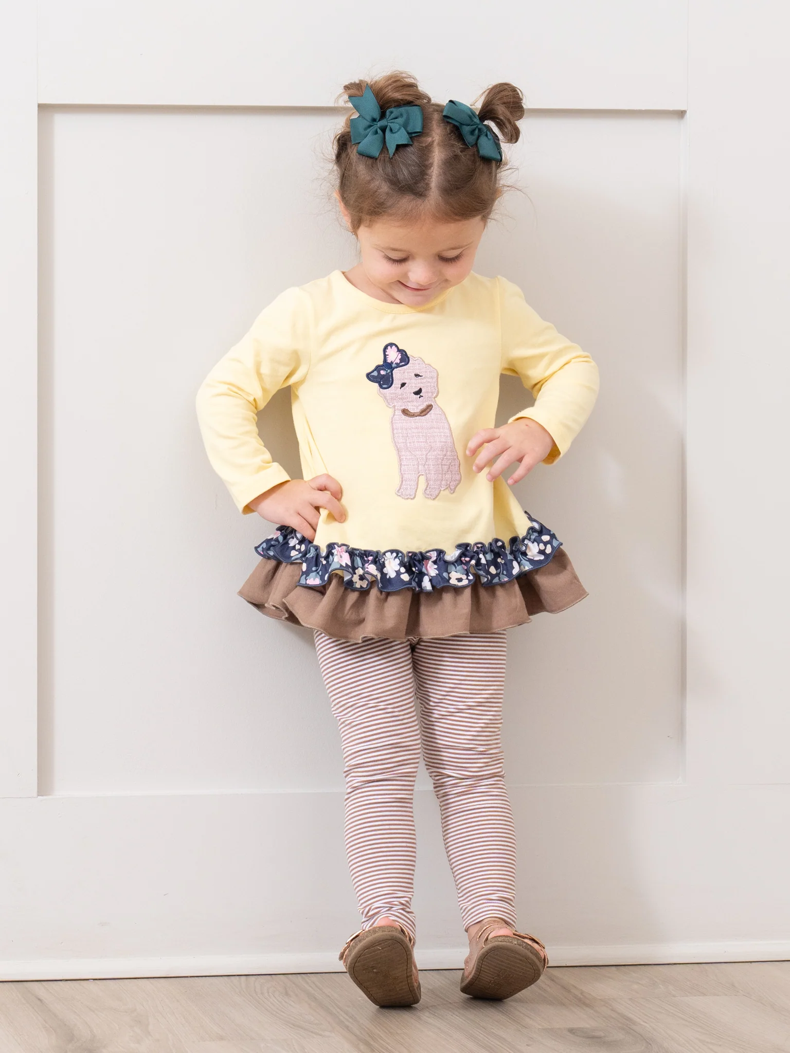 Canary & Brown Embroidered Puppy Ruffle Outfit - Image 2