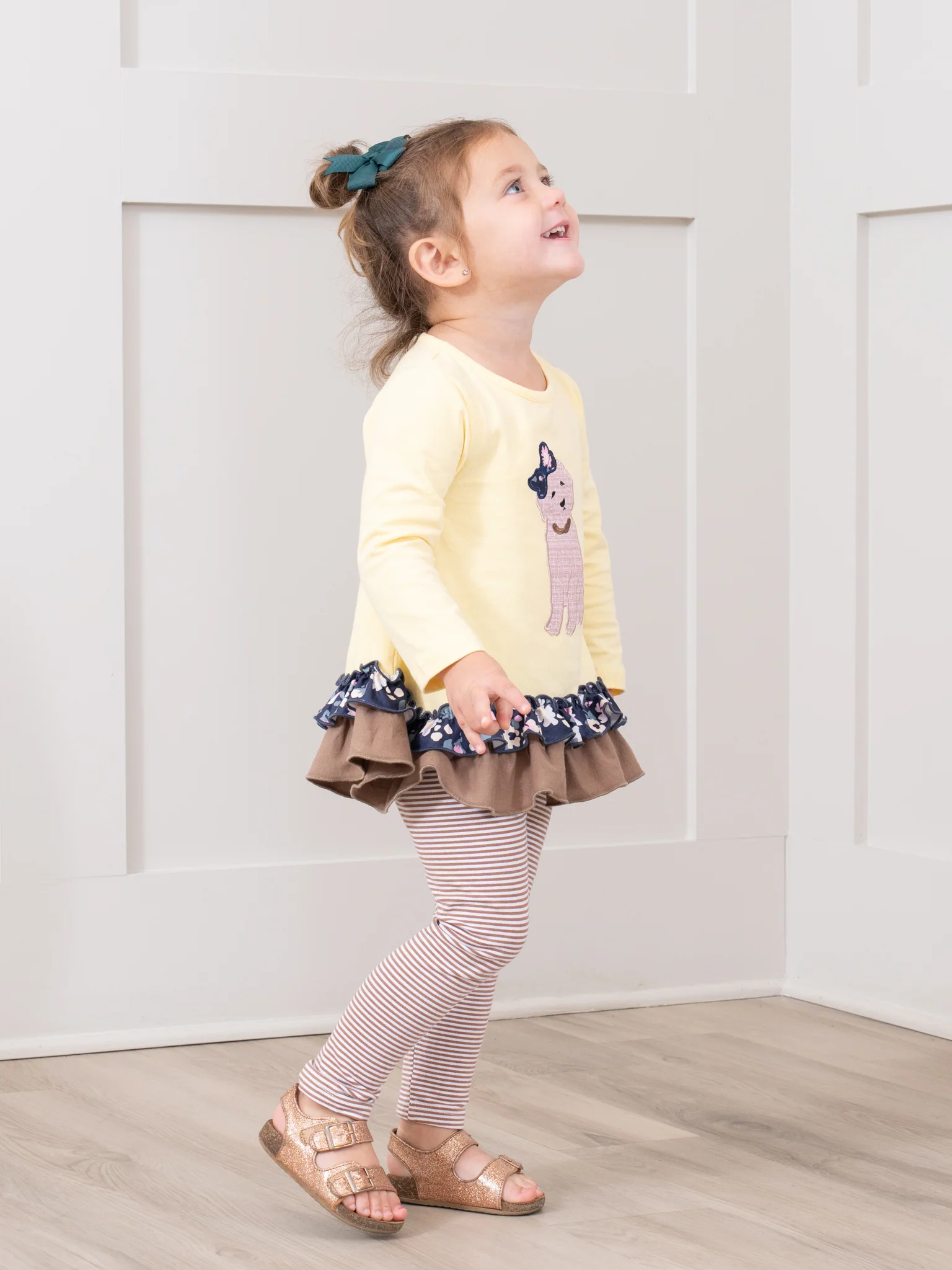 Canary & Brown Embroidered Puppy Ruffle Outfit - Image 3