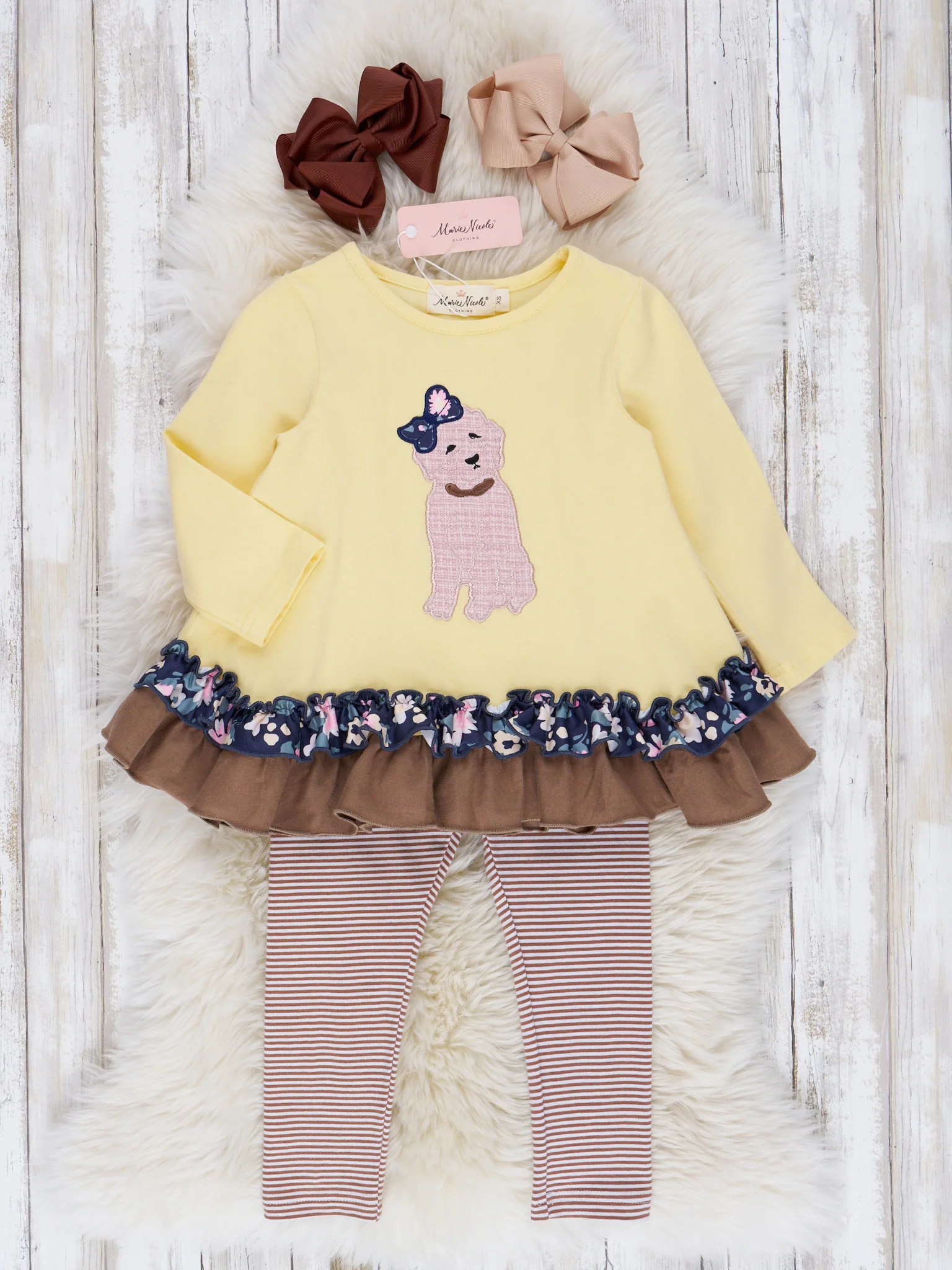 Canary & Brown Embroidered Puppy Ruffle Outfit - Image 5