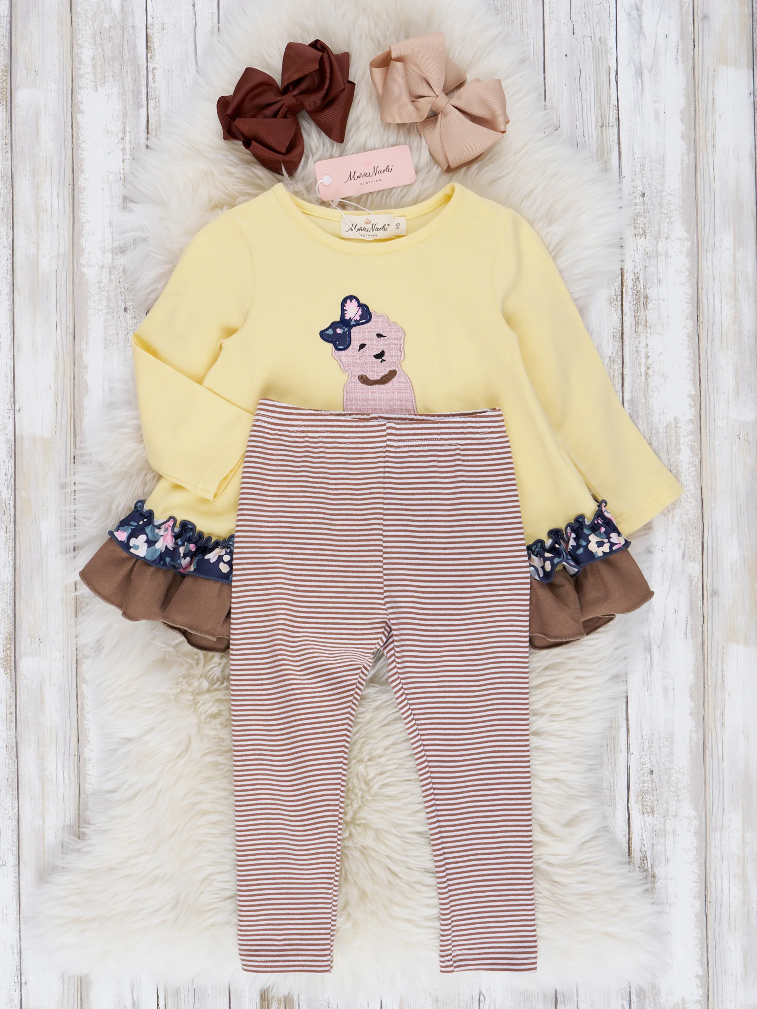 Canary & Brown Embroidered Puppy Ruffle Outfit - Image 6