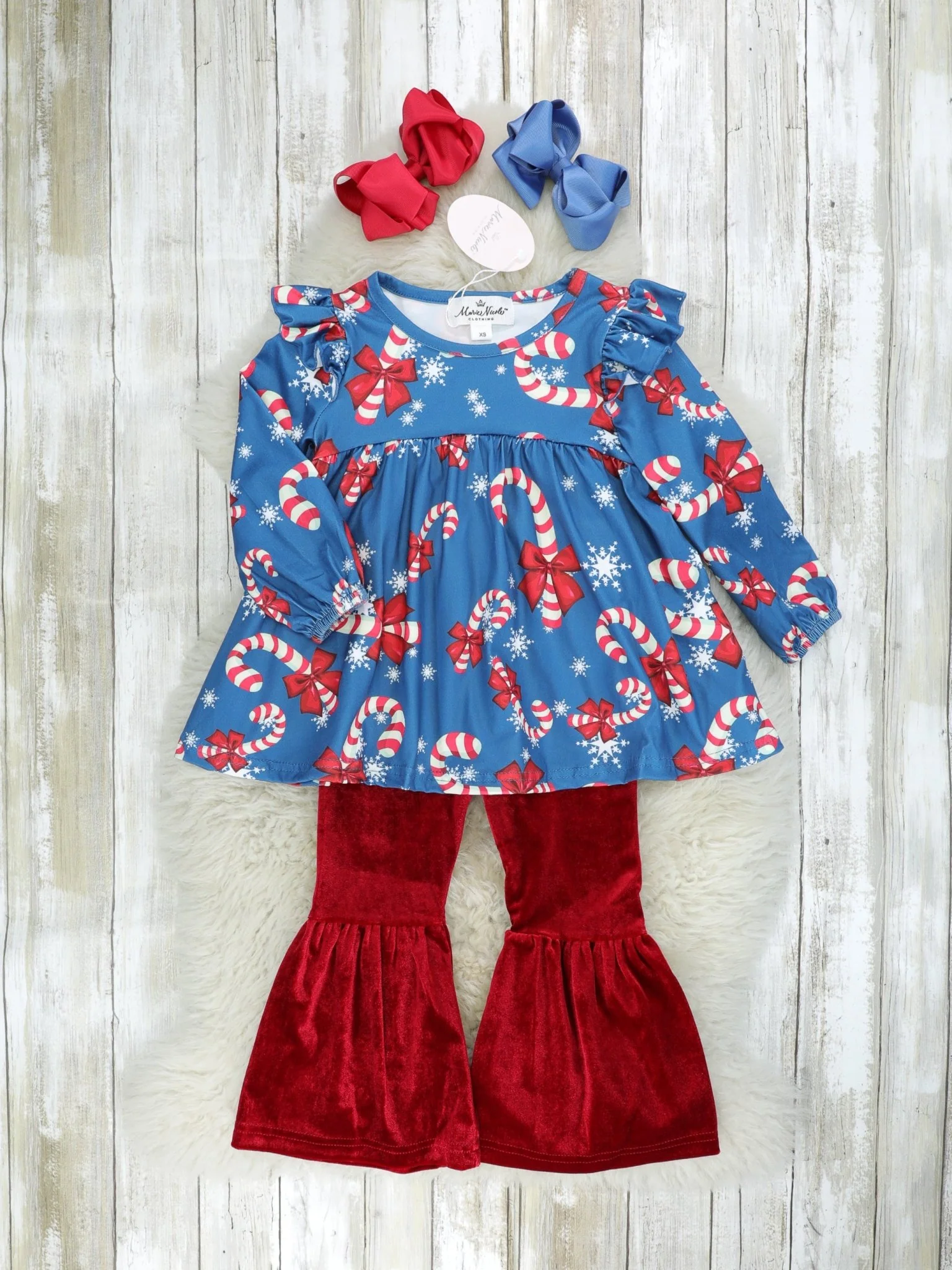 Candycane Peplum Top & Velvet Bell Bottoms Outfit