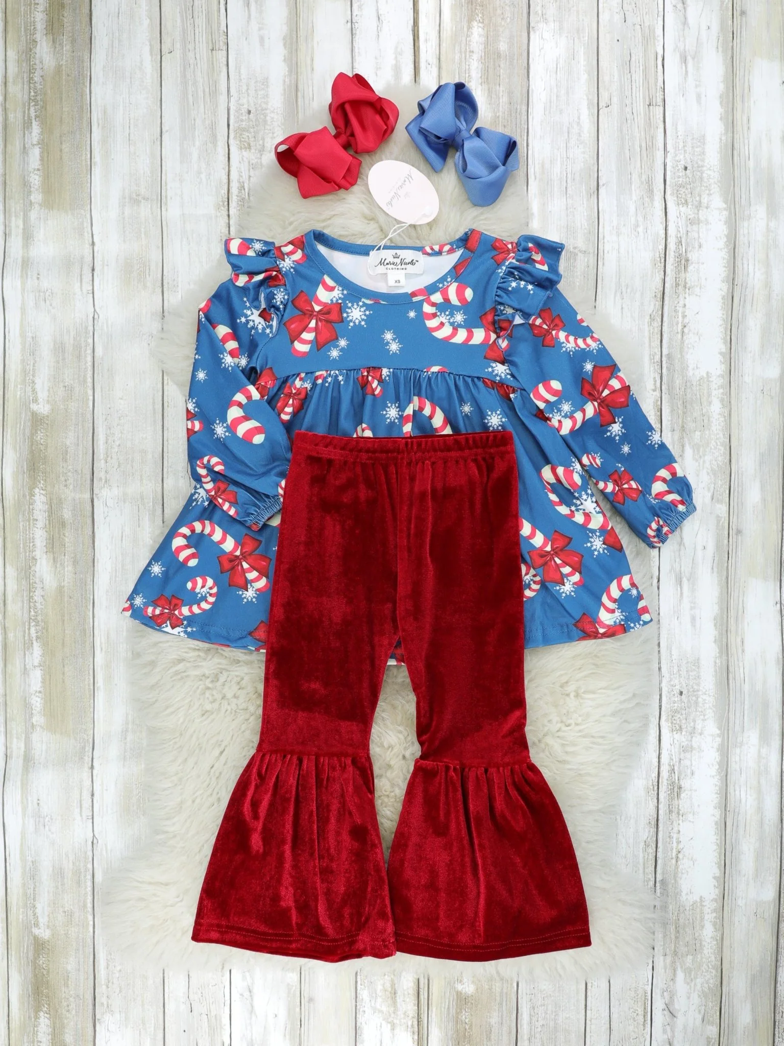 Candycane Peplum Top & Velvet Bell Bottoms Outfit - Image 2